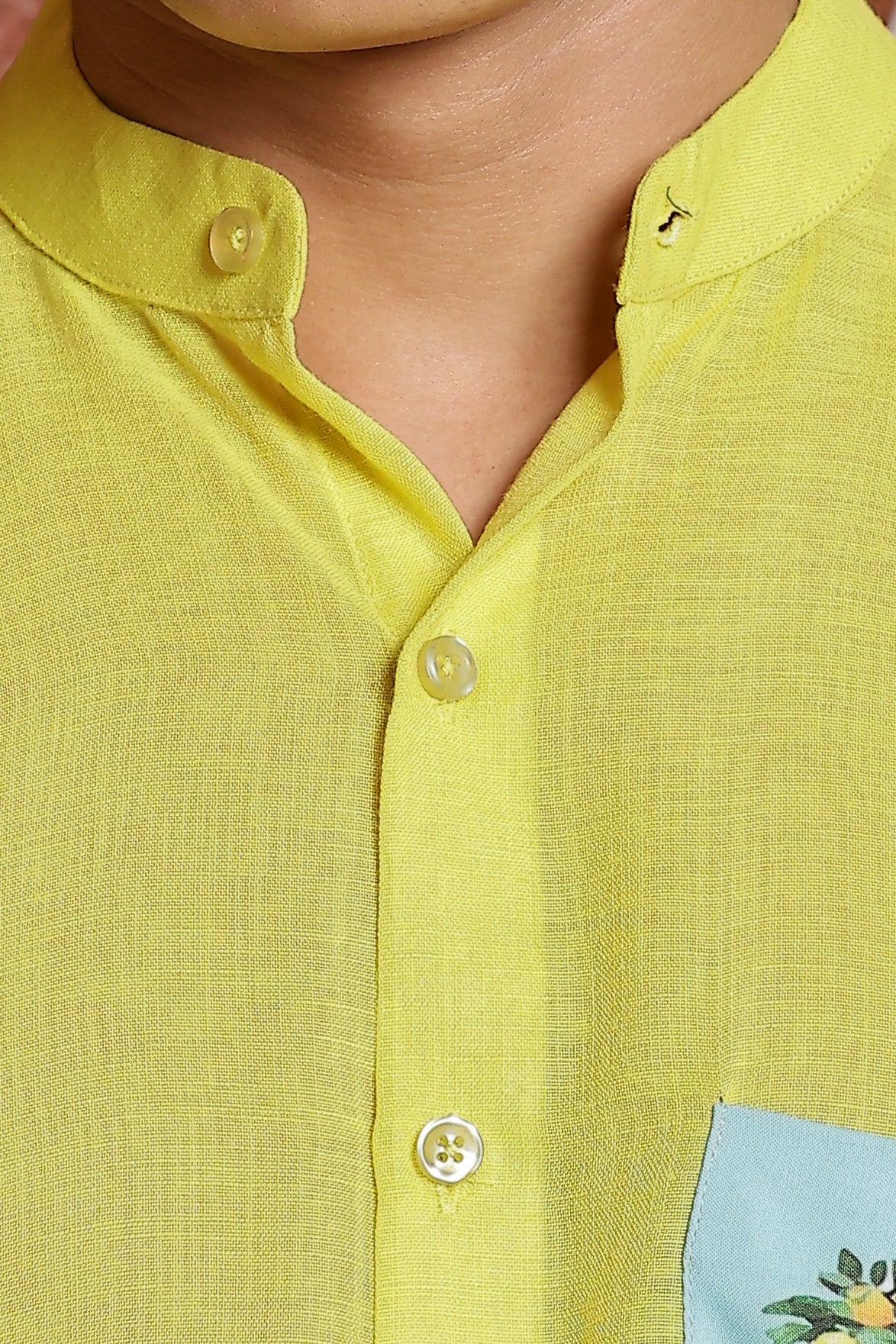 Linen Blend Lime Green Mandarin Collar Relaxed Fit Shirt