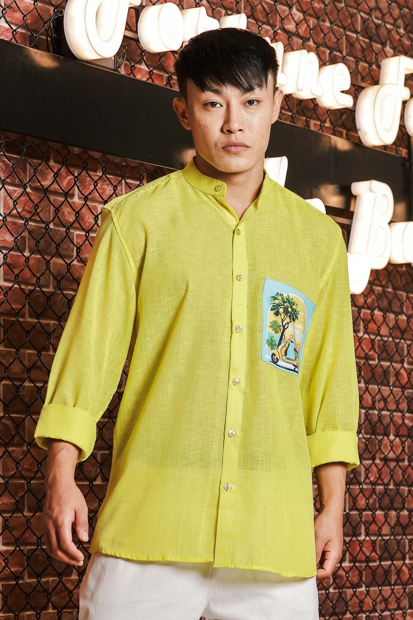 Linen Blend Lime Green Mandarin Collar Relaxed Fit Shirt