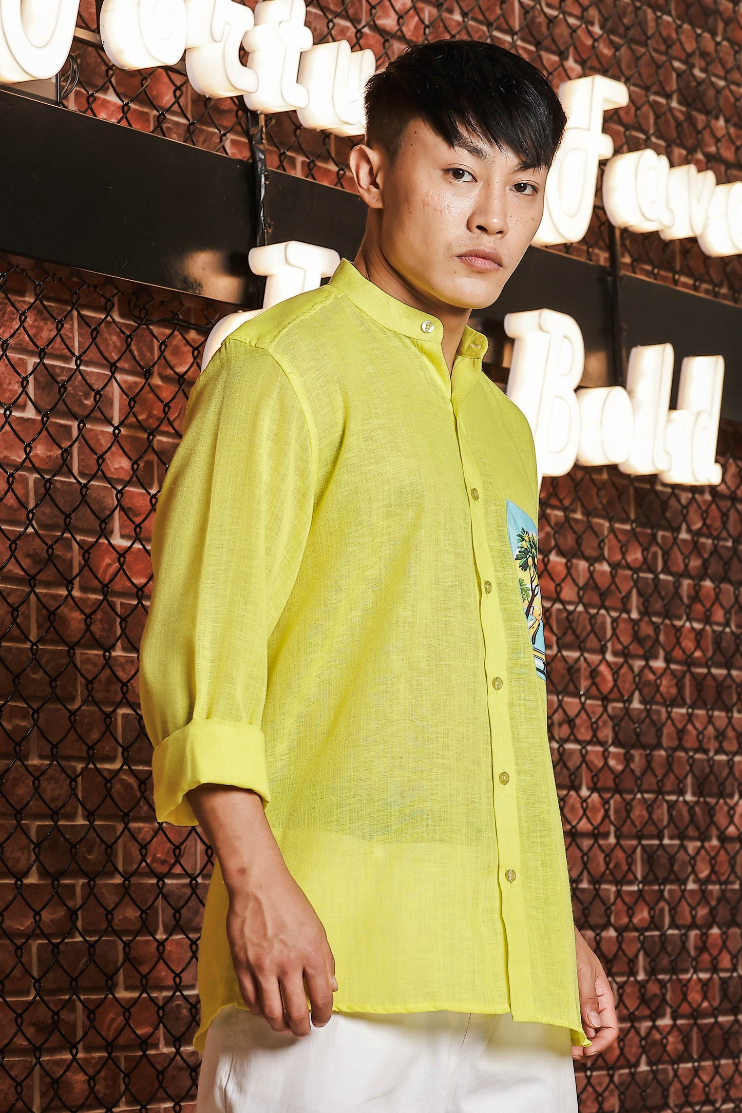 Linen Blend Lime Green Mandarin Collar Relaxed Fit Shirt