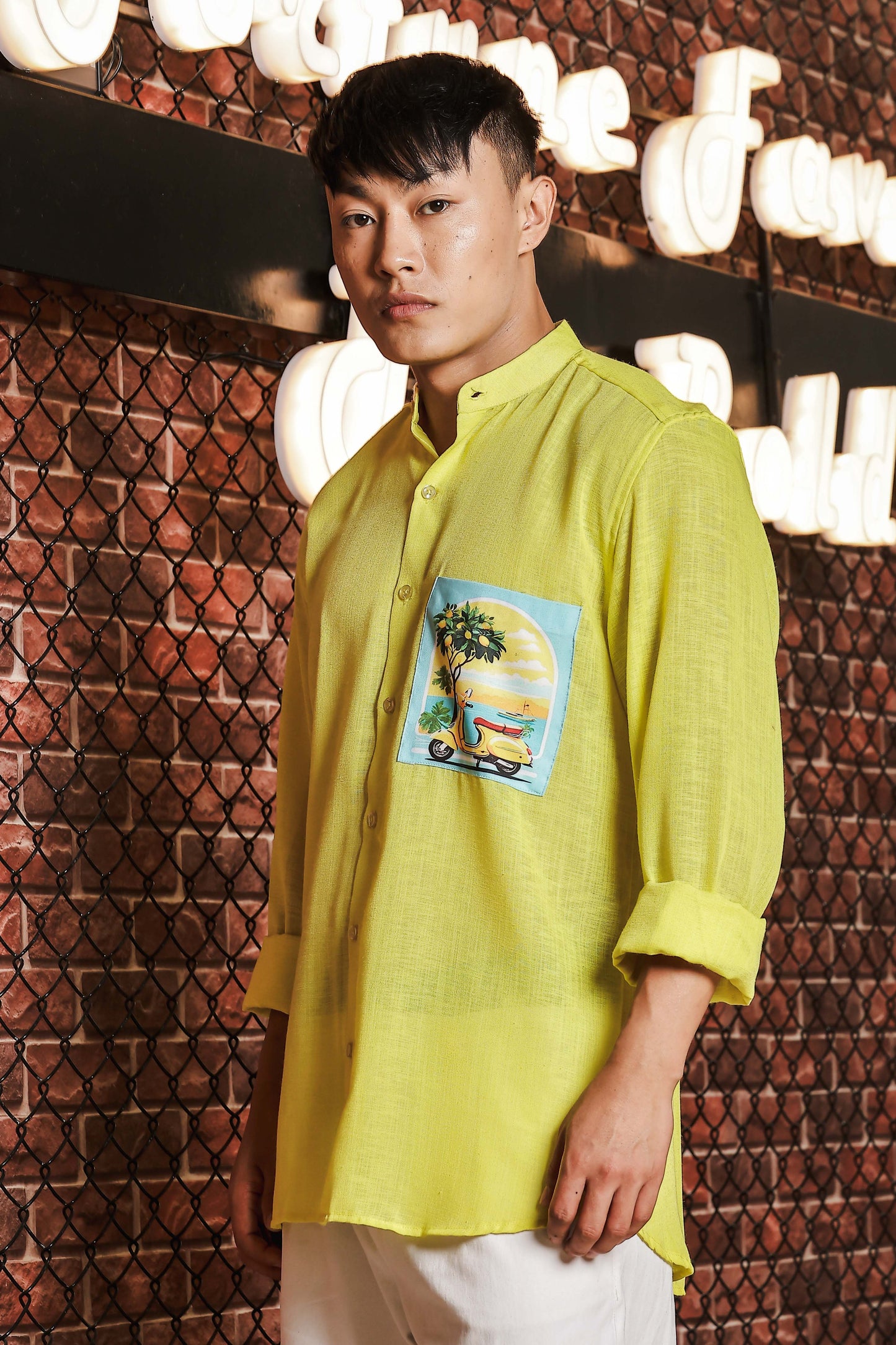 Linen Blend Lime Green Mandarin Collar Relaxed Fit Shirt