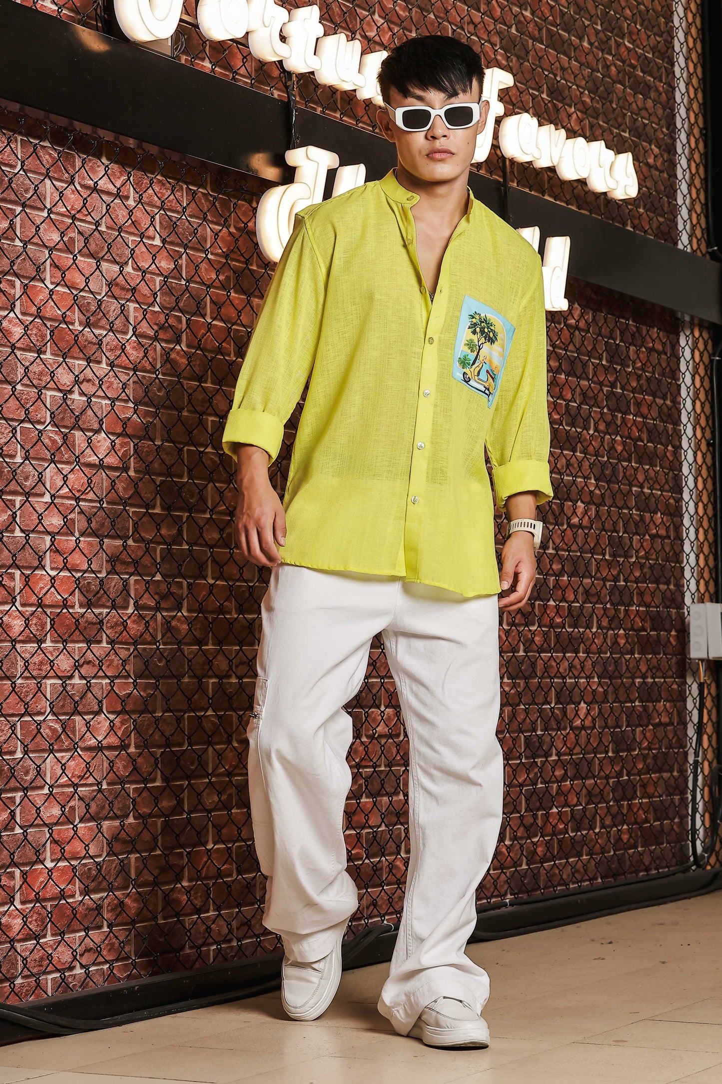 Linen Blend Lime Green Mandarin Collar Relaxed Fit Shirt