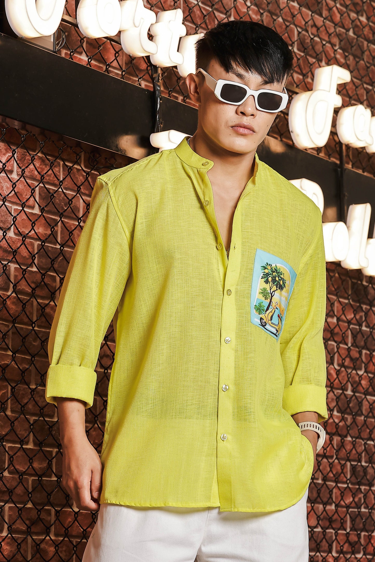 Linen Blend Lime Green Mandarin Collar Relaxed Fit Shirt