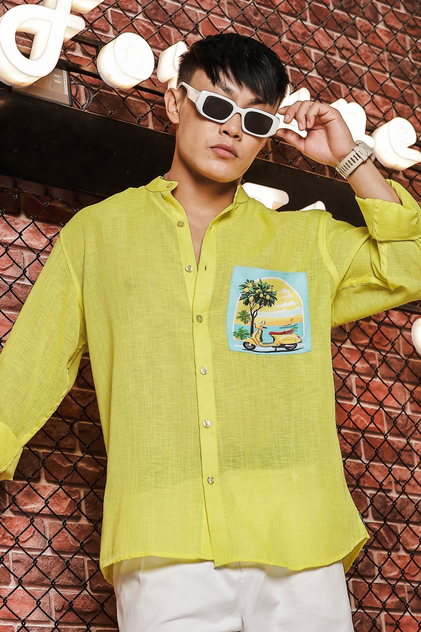 Linen Blend Lime Green Mandarin Collar Relaxed Fit Shirt