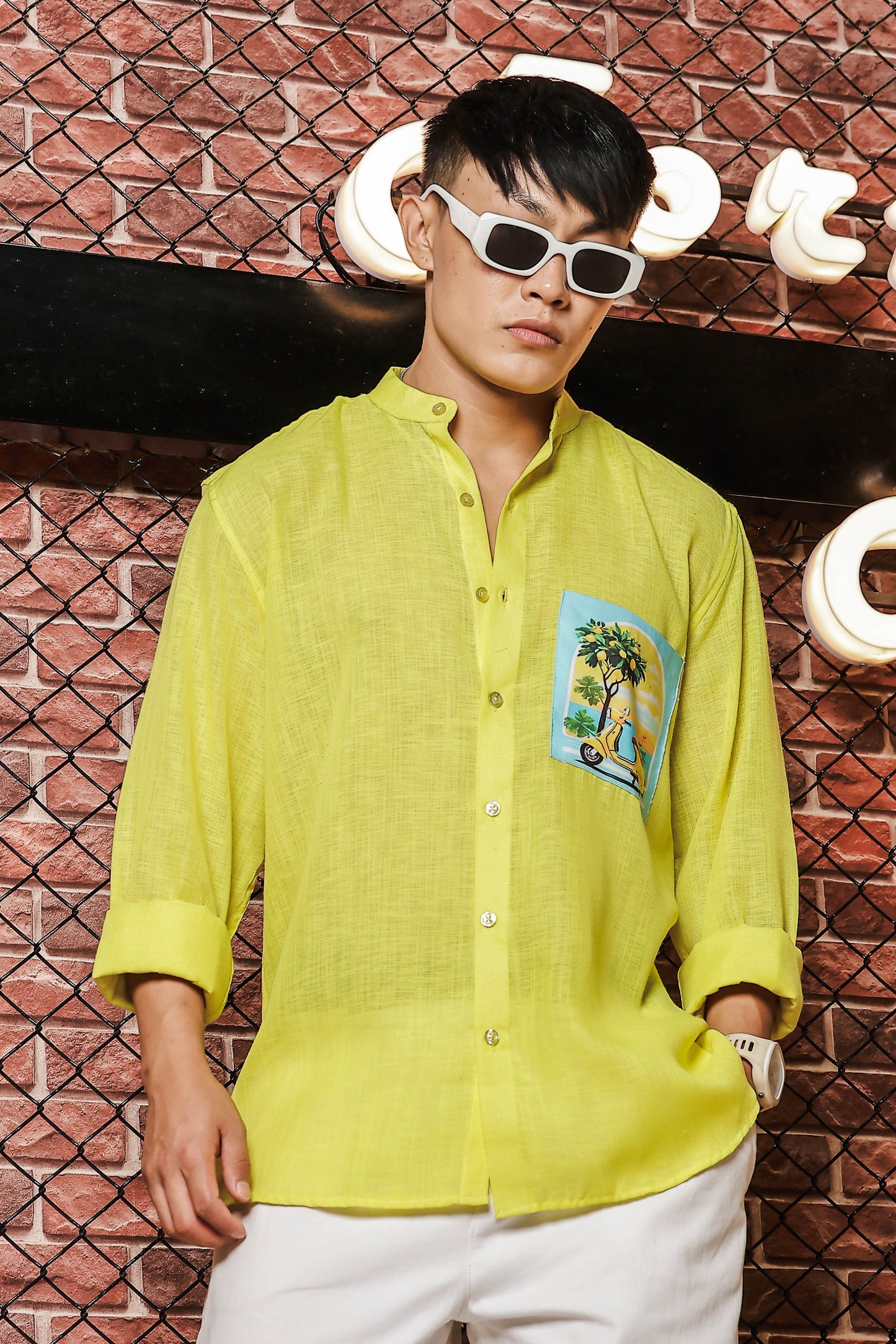 Linen Blend Lime Green Mandarin Collar Relaxed Fit Shirt