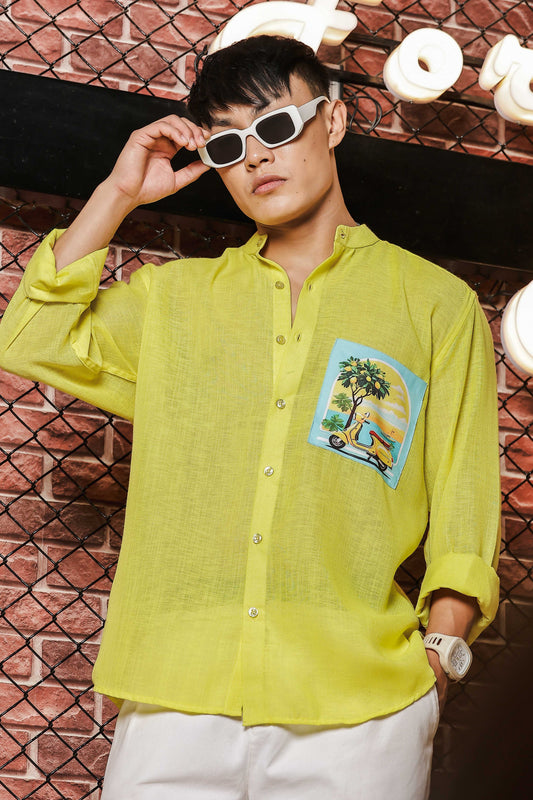Linen Blend Lime Green Mandarin Collar Relaxed Fit Shirt