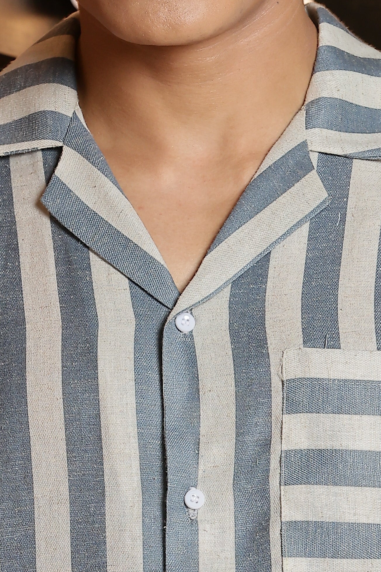 Linen Blend Blue White Striped Cuban Collar Classic Relaxed Fit Resort Shirt