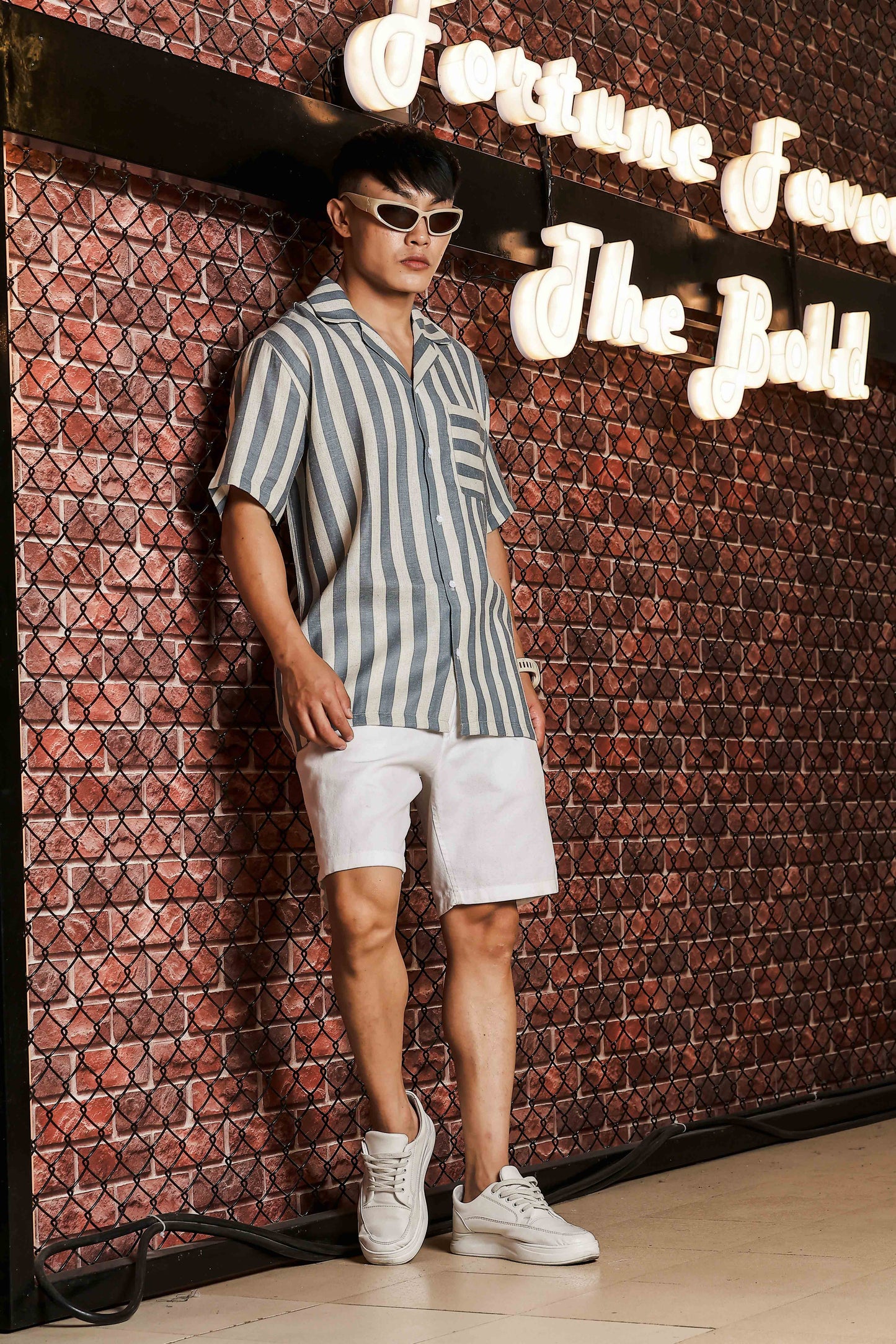 Linen Blend Blue White Striped Cuban Collar Classic Relaxed Fit Resort Shirt