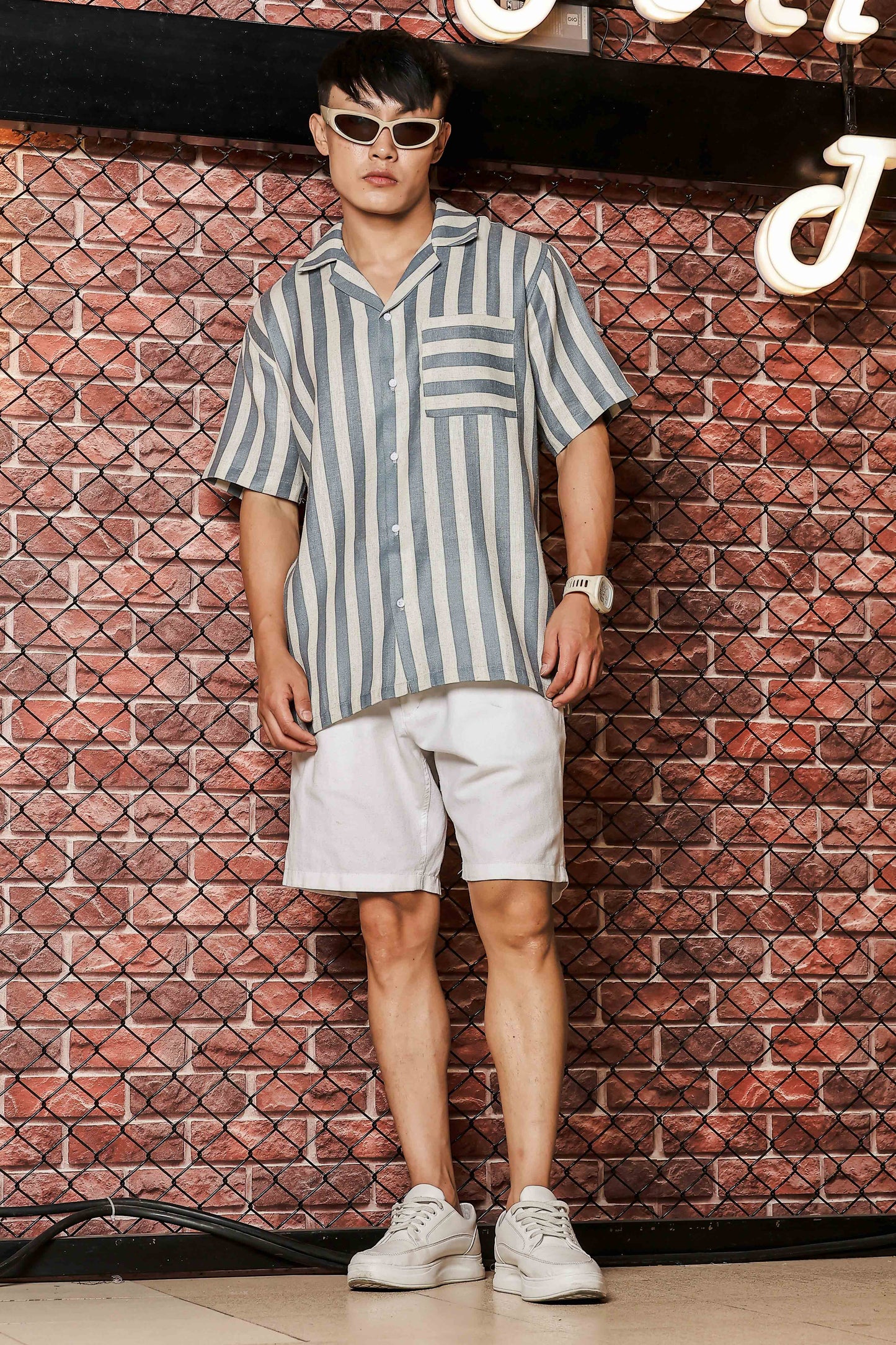 Linen Blend Blue White Striped Cuban Collar Classic Relaxed Fit Resort Shirt