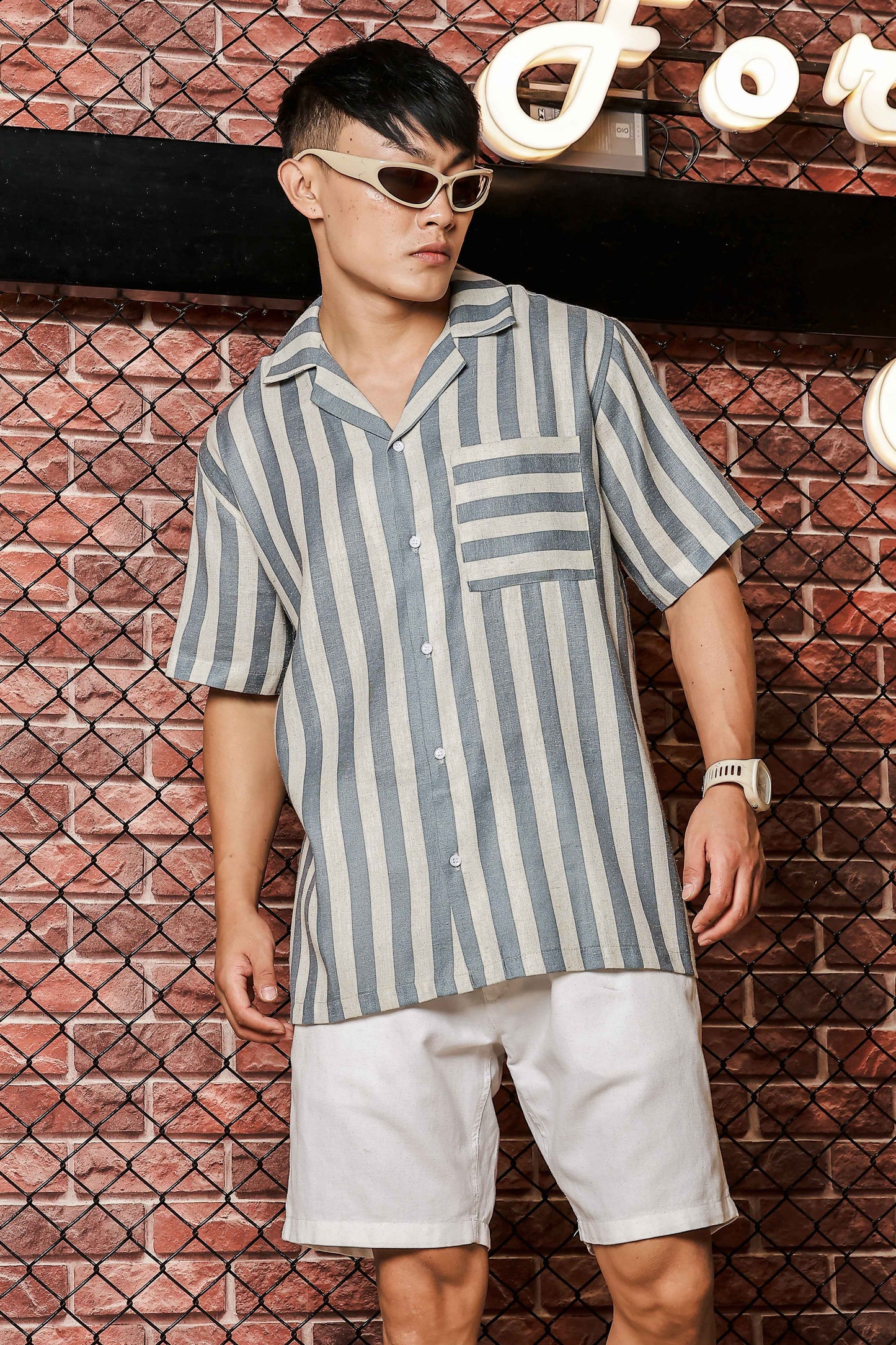Linen Blend Blue White Striped Cuban Collar Classic Relaxed Fit Resort Shirt