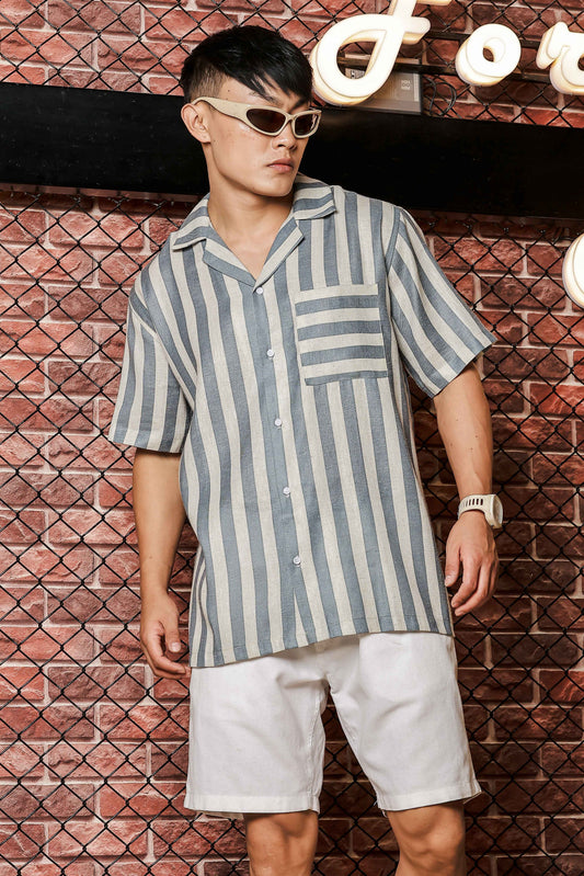 Linen Blend Blue White Striped Cuban Collar Classic Relaxed Fit Resort Shirt