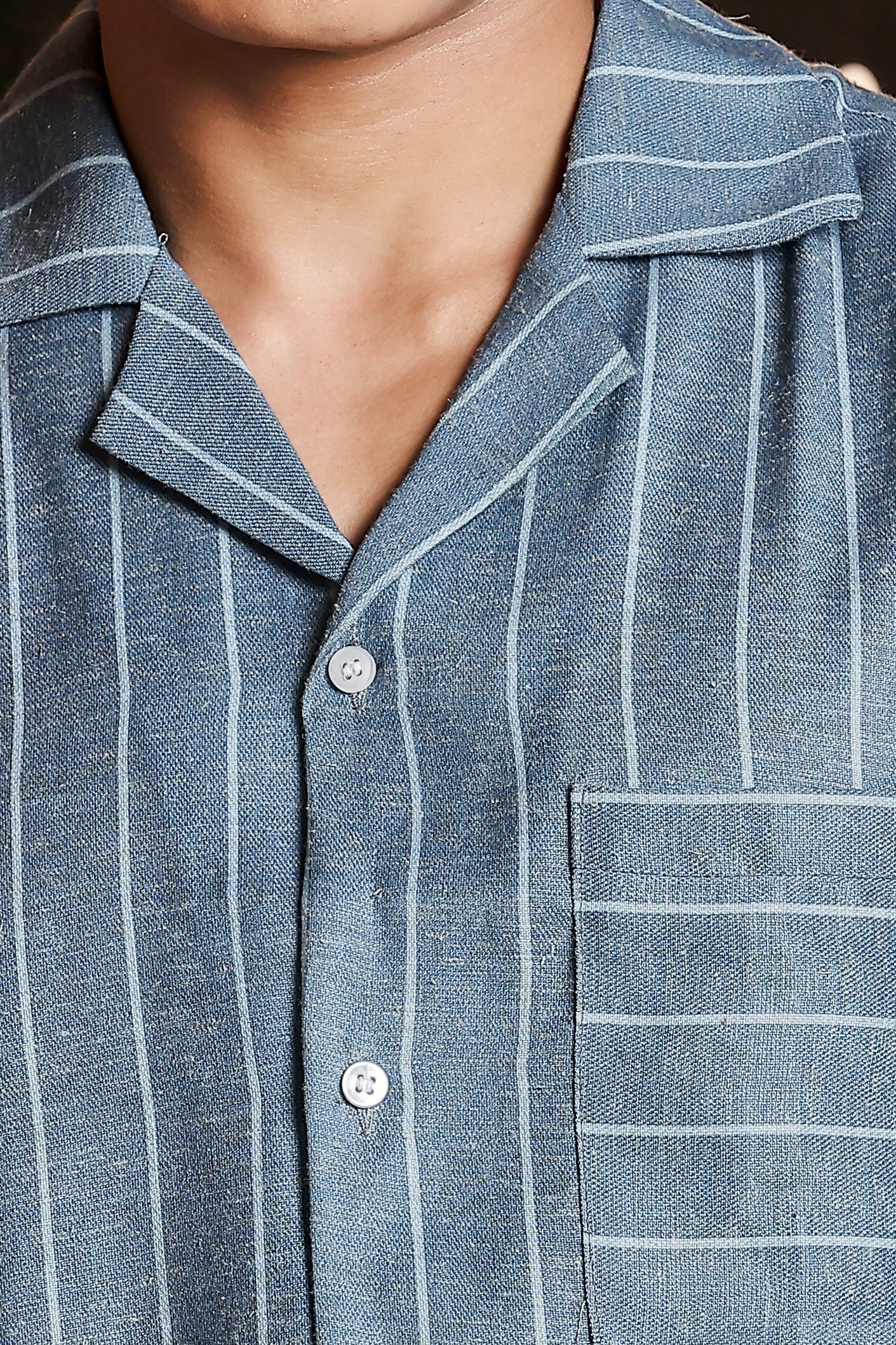 Linen Blend Blue Striped Cuban Collar Classic Relaxed Fit Resort Shirt