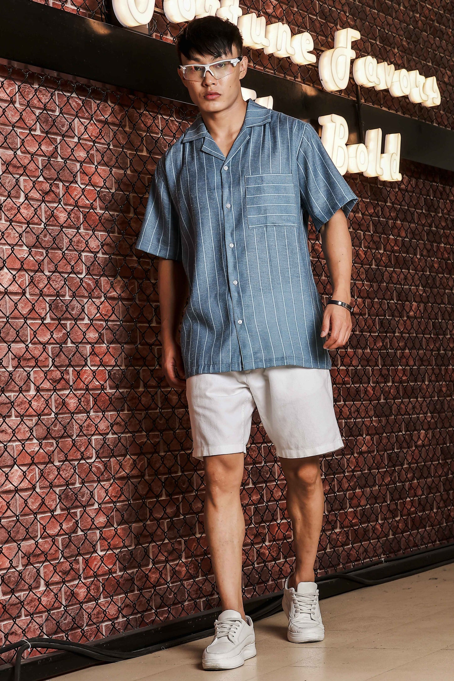 Linen Blend Blue Striped Cuban Collar Classic Relaxed Fit Resort Shirt