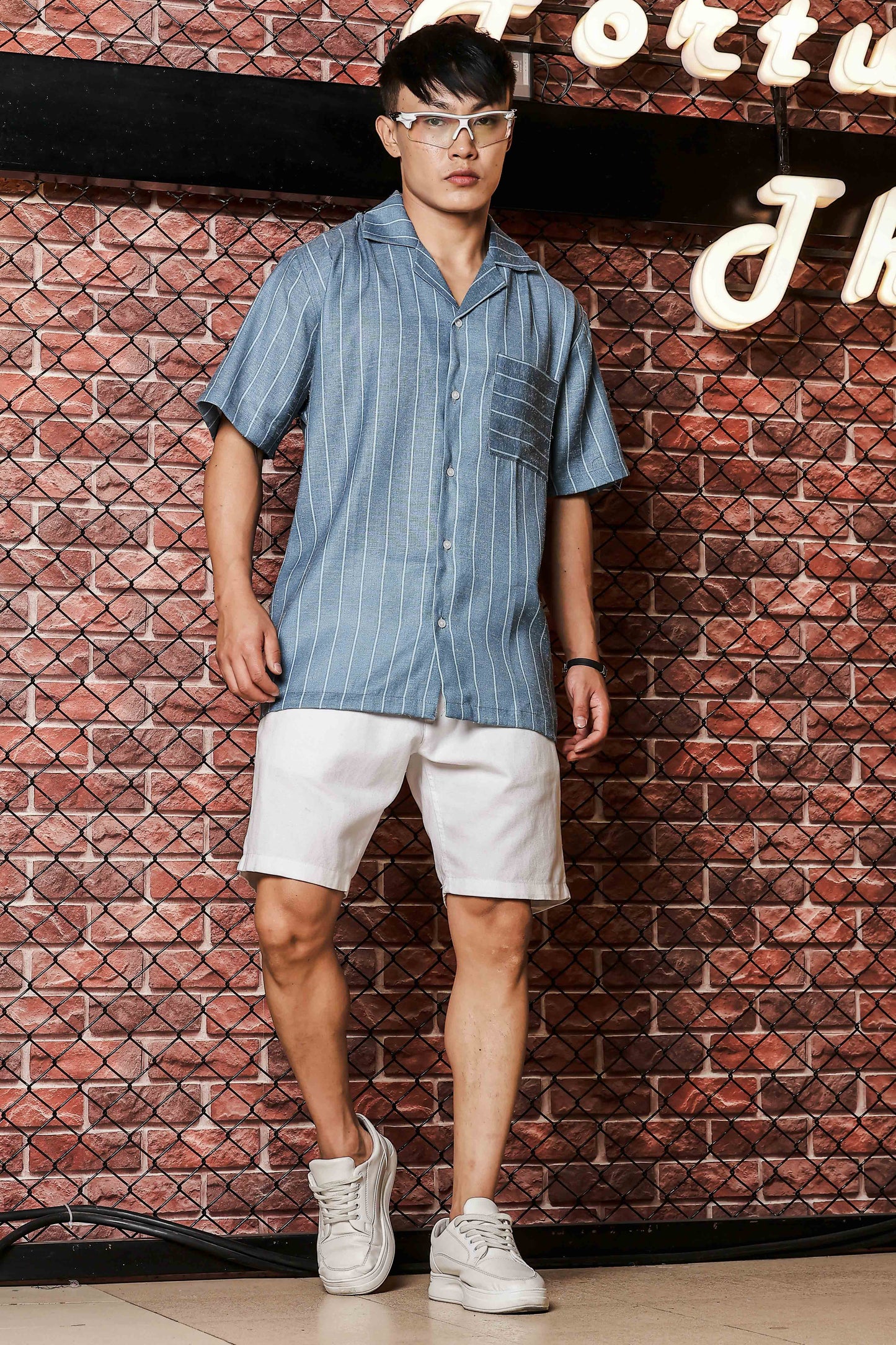 Linen Blend Blue Striped Cuban Collar Classic Relaxed Fit Resort Shirt