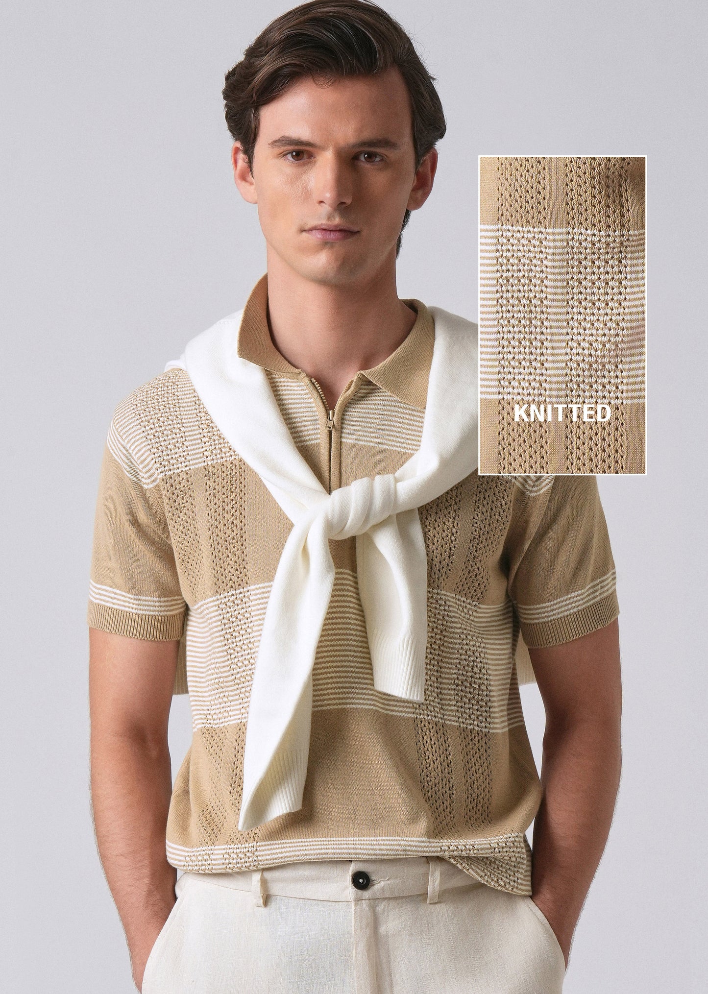 Beige Knitted Polo Zipper T-shirt