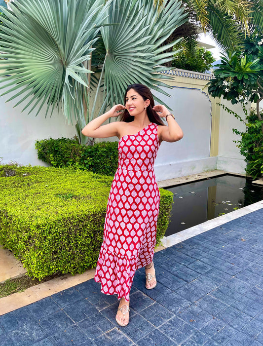 Red Block One Shoulder Dress