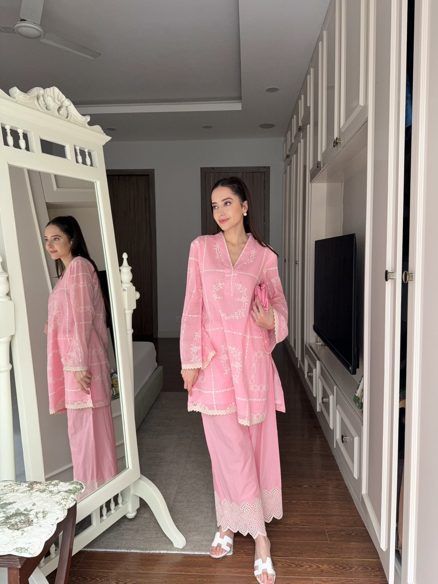 Soft Pink Embroidered Cutwork Coord Set