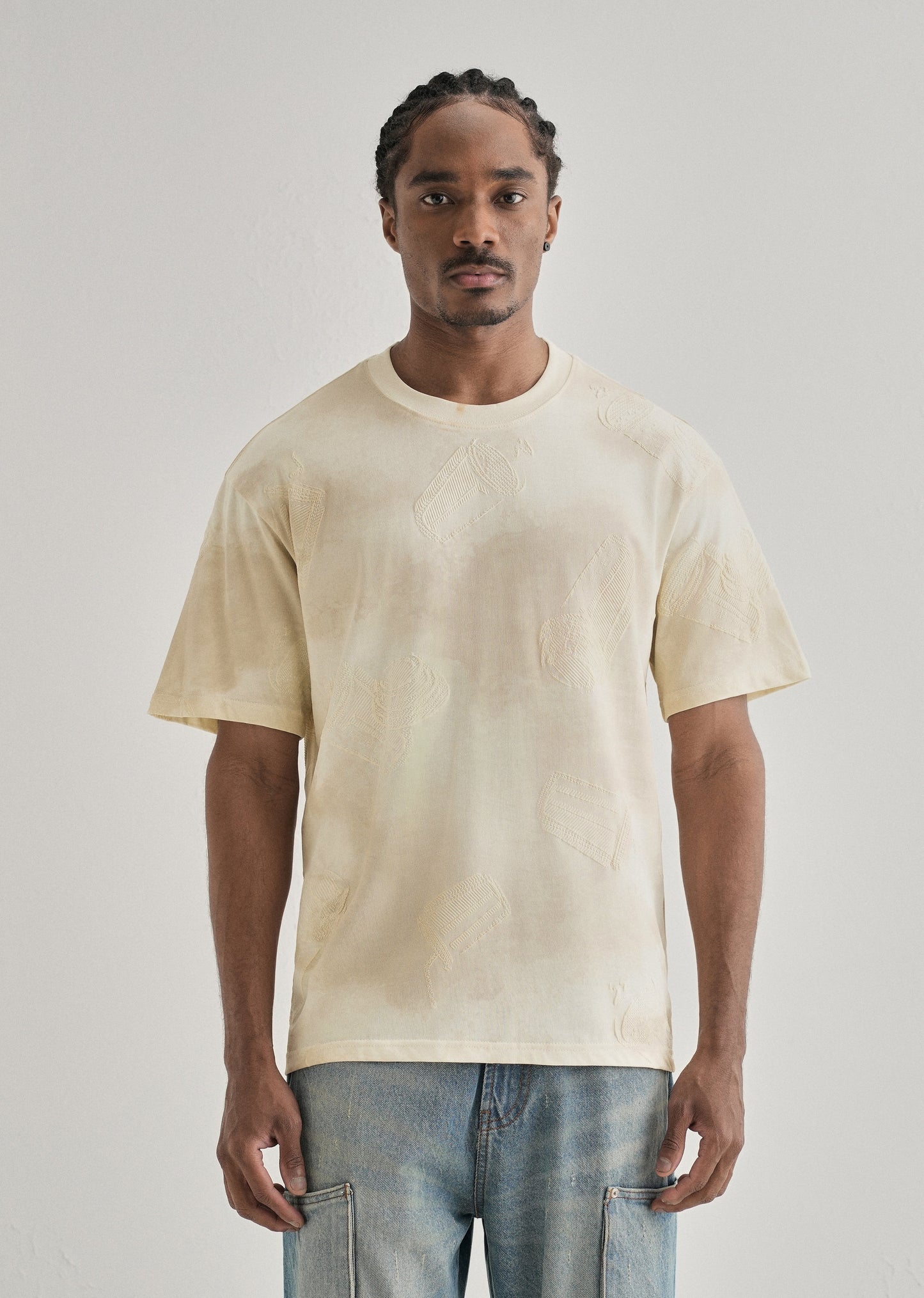 Cream Beige Printed Oversized T-shirt