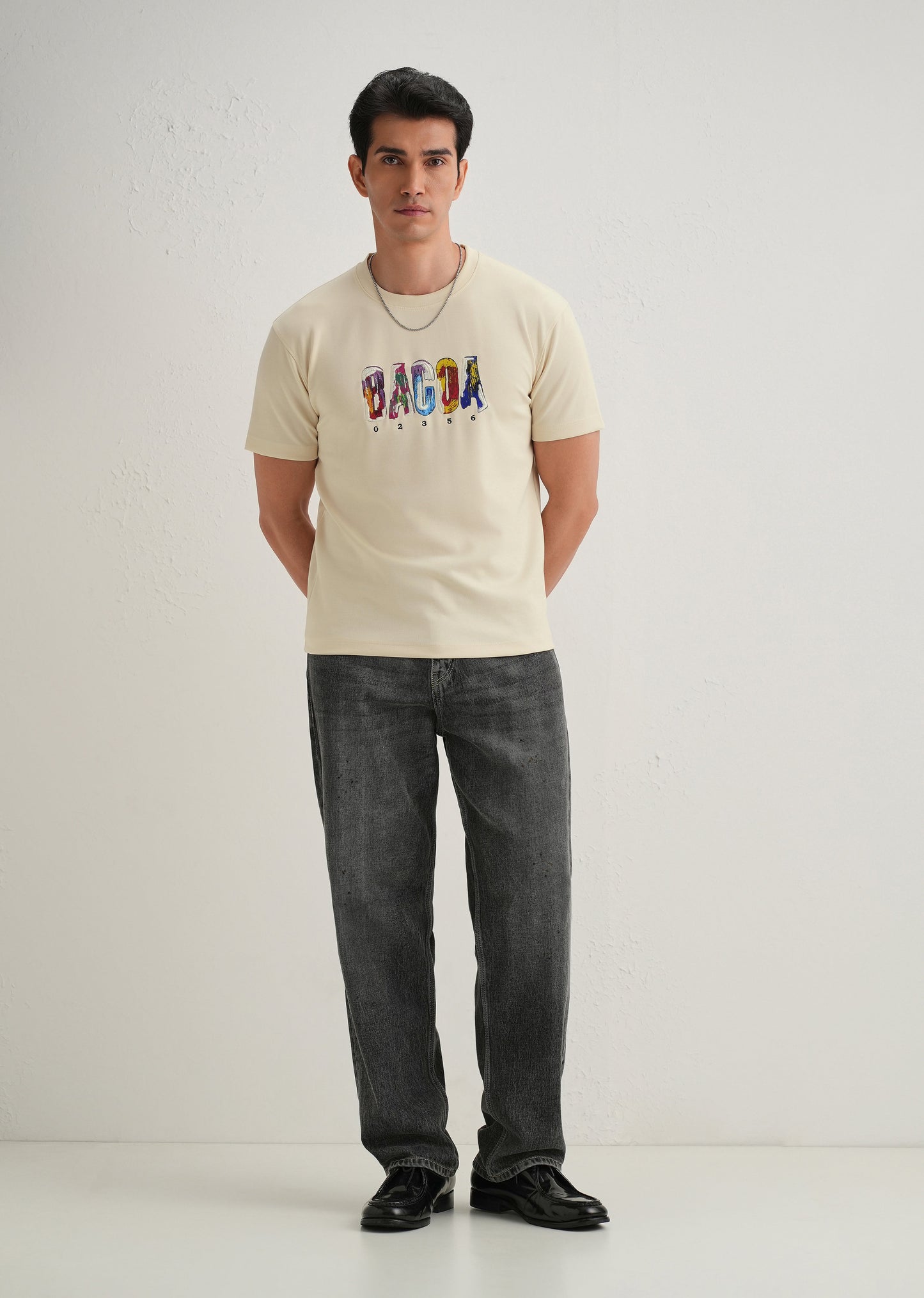Cream Embroidered Graphic Print T-Shirt