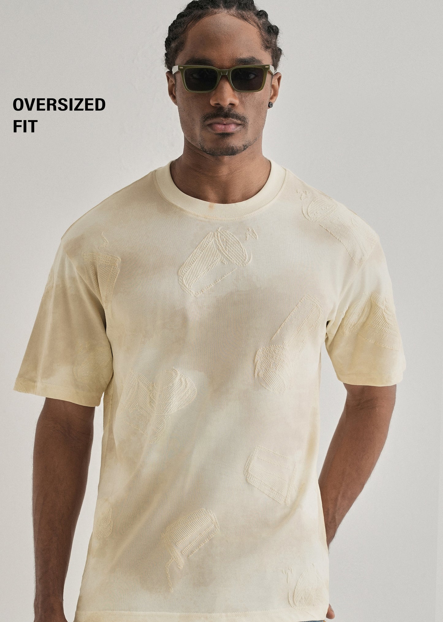 Cream Beige Printed Oversized T-shirt