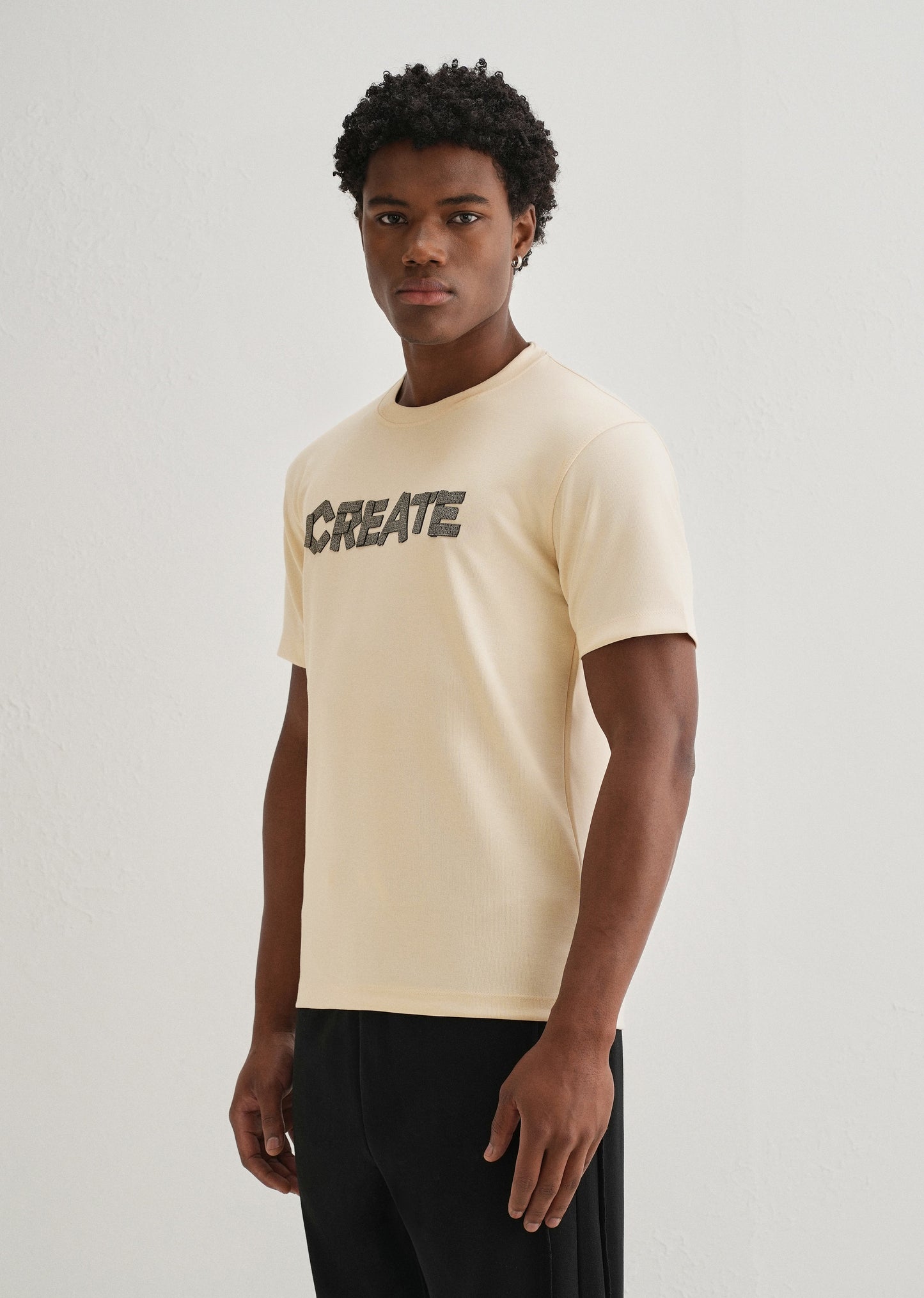 Cream Typography Applique T-shirt