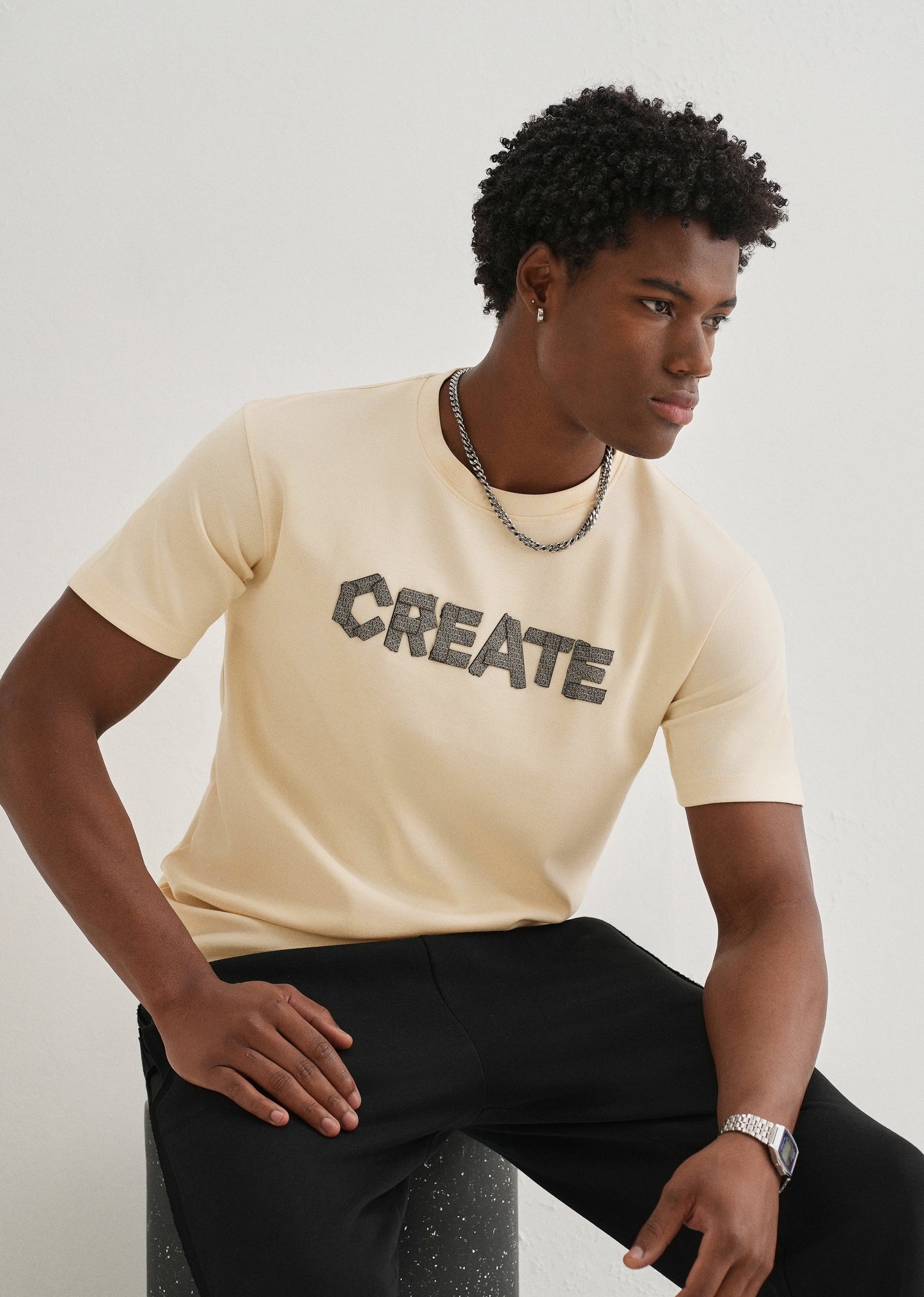 Cream Typography Applique T-shirt