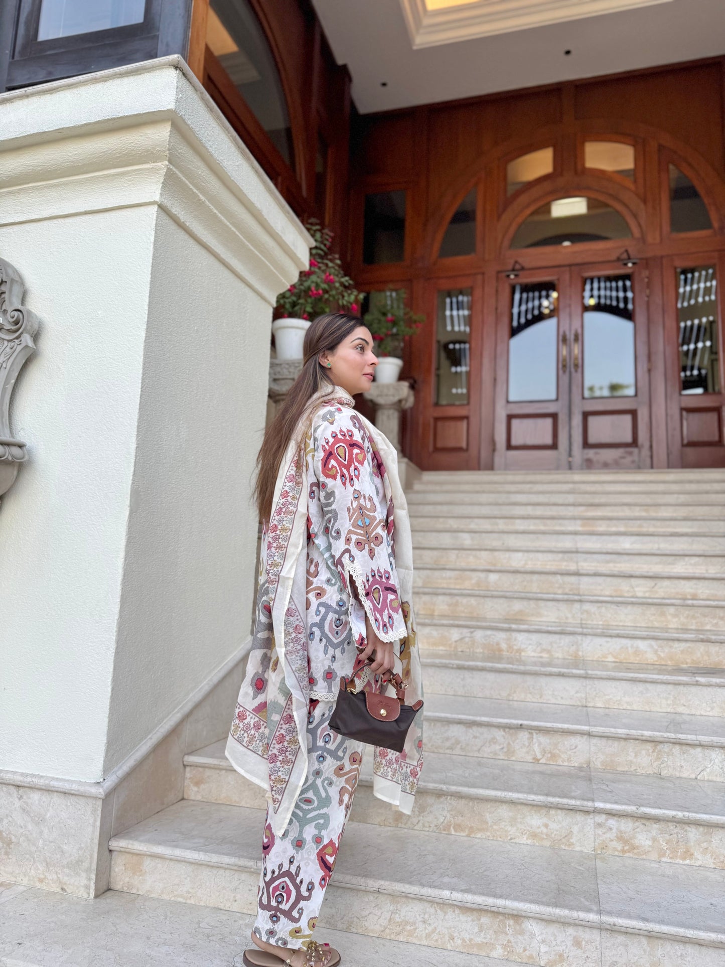 Soft beige printed kurta set