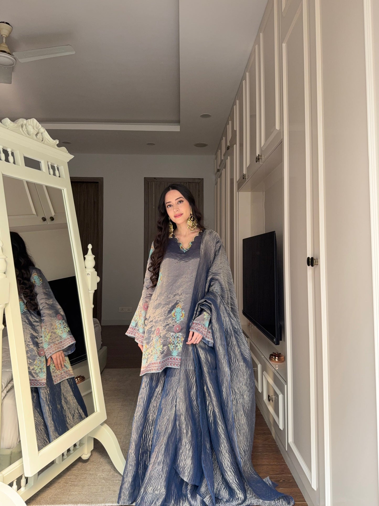 Midnight Blue Tissue Block Print Sharara Set