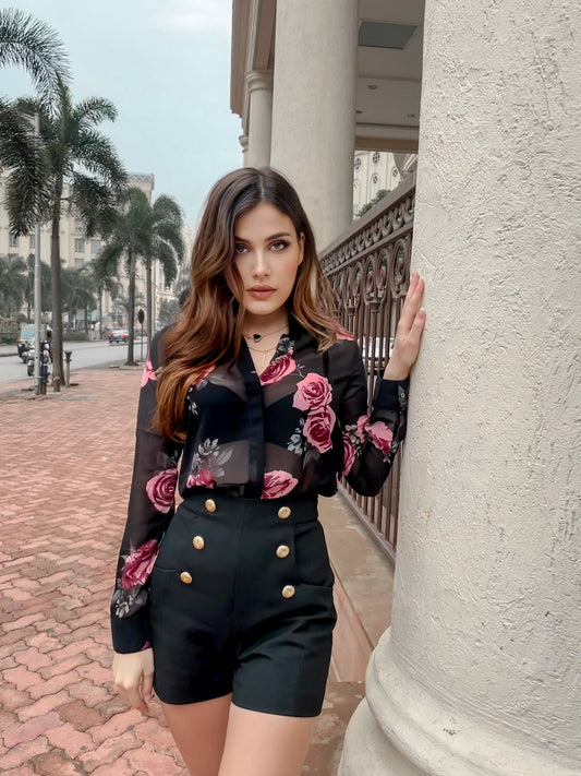Black Floral Rose Print Shirt