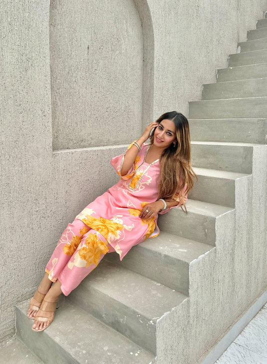 Pink Sunflower Printed Crepe Kurta Pants Coord Set