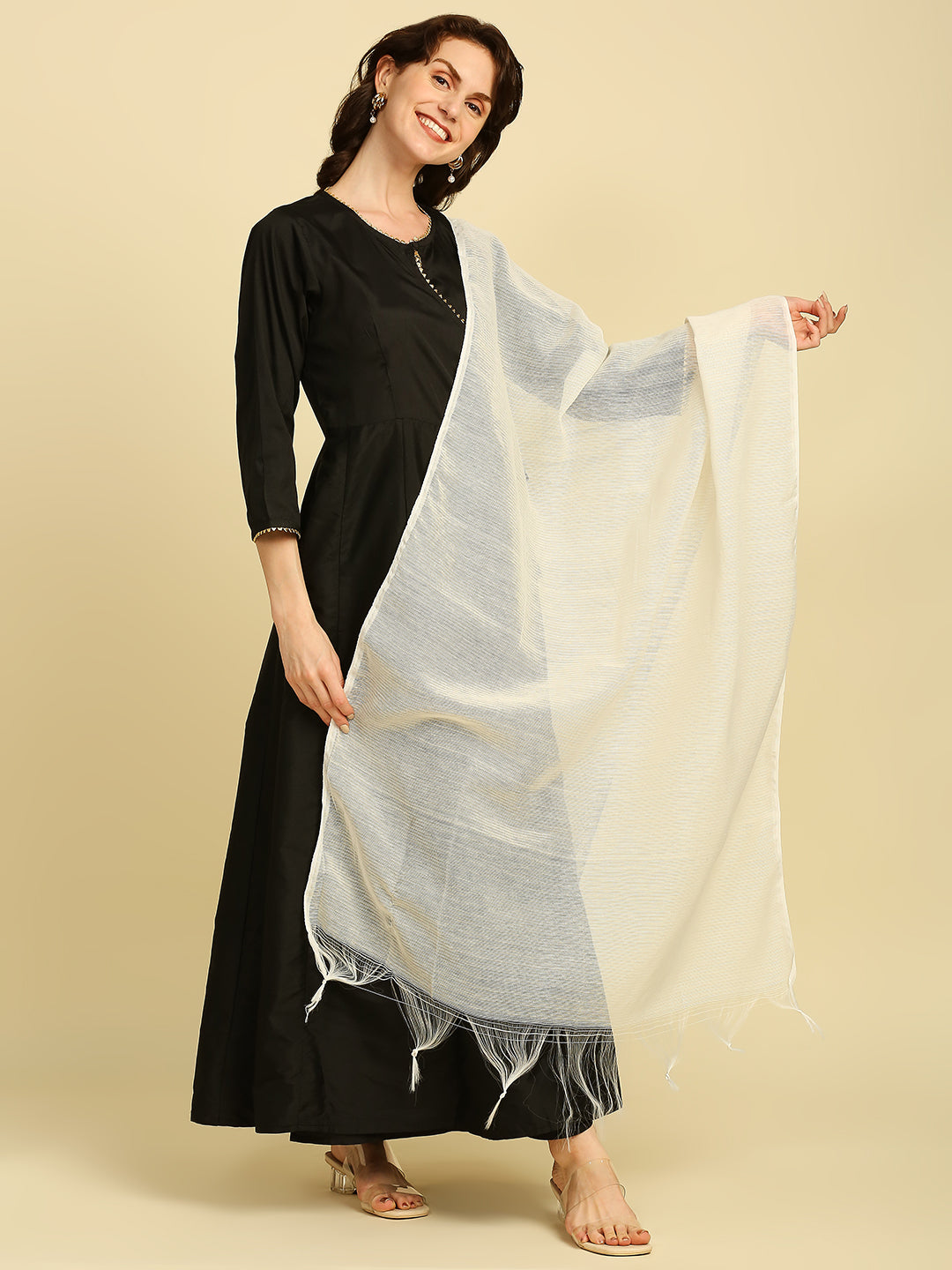 Off White Woven Cotton Dupatta