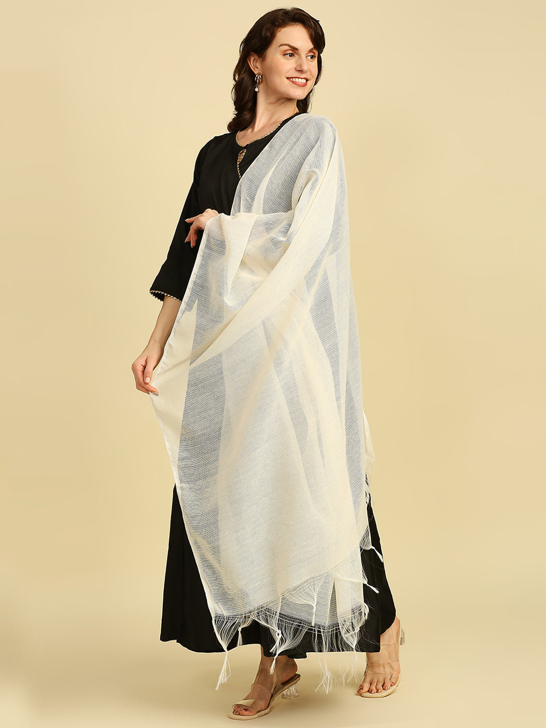 Off White Woven Cotton Dupatta