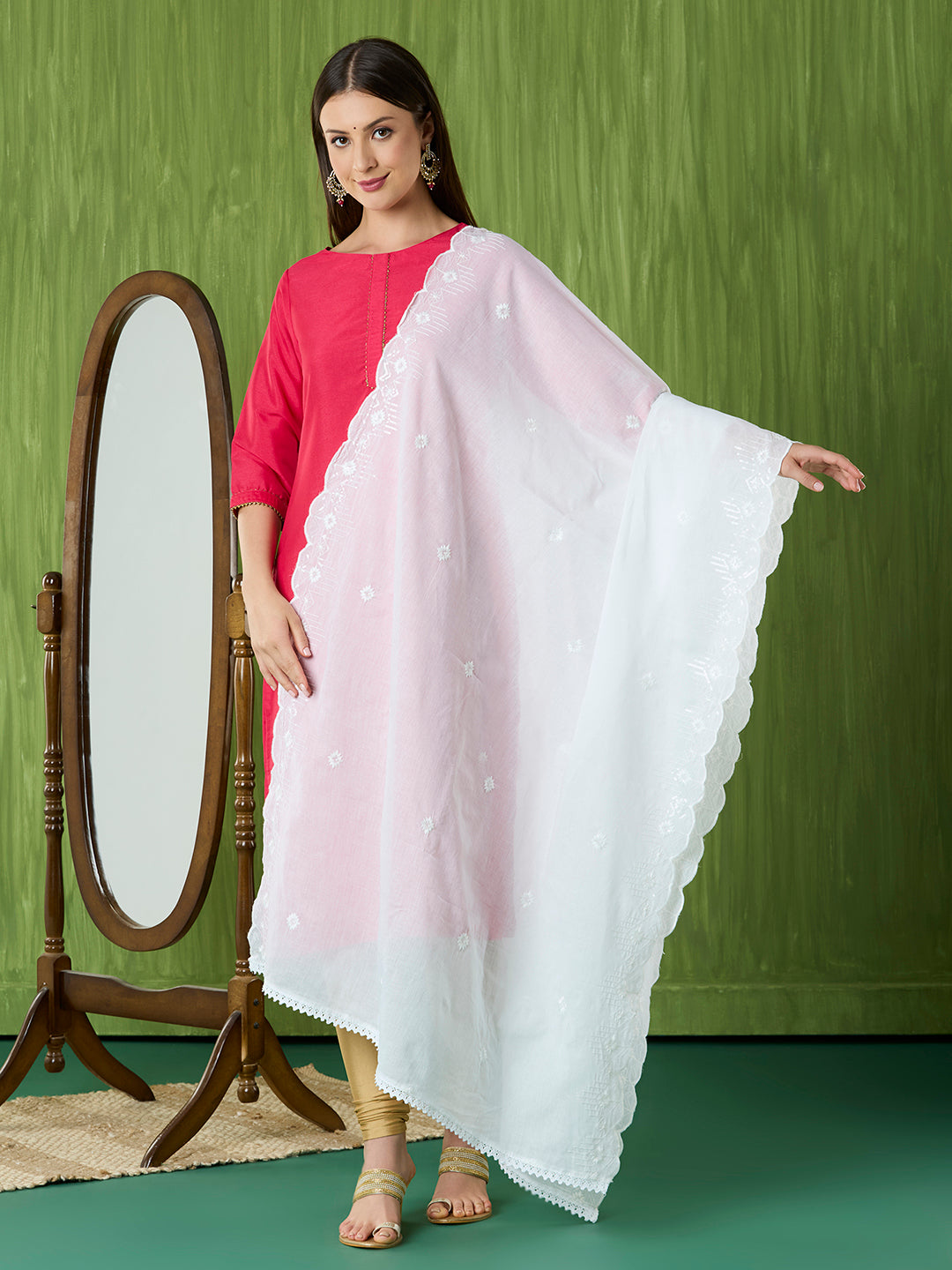 White Embroidered Pure Cotton Dupatta with Scallops