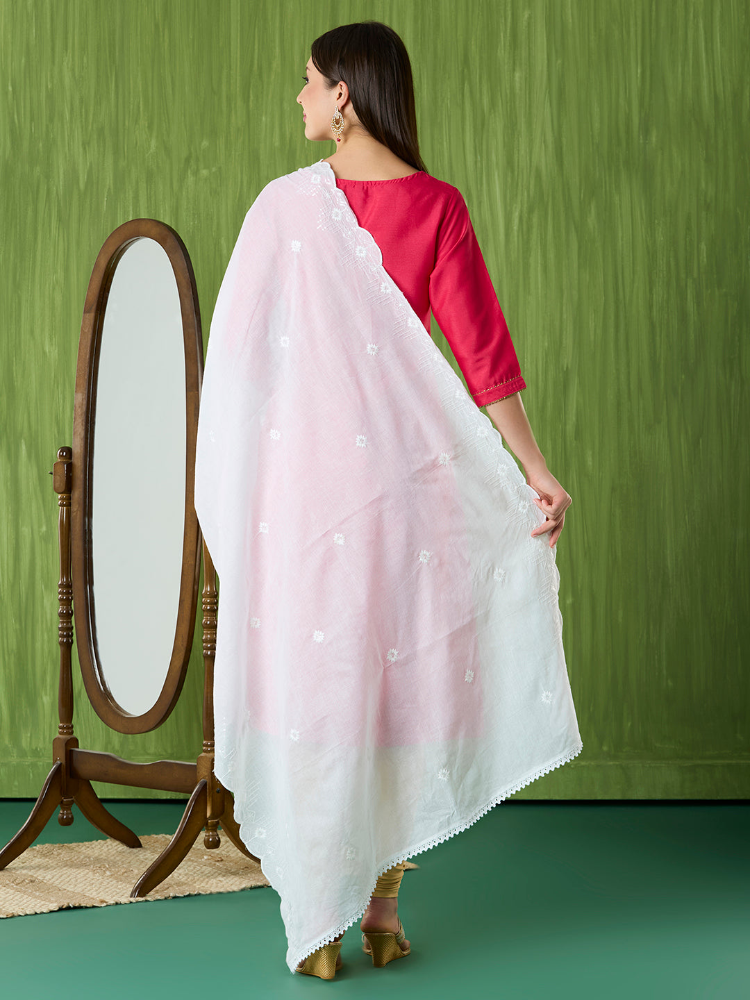 White Embroidered Pure Cotton Dupatta with Scallops