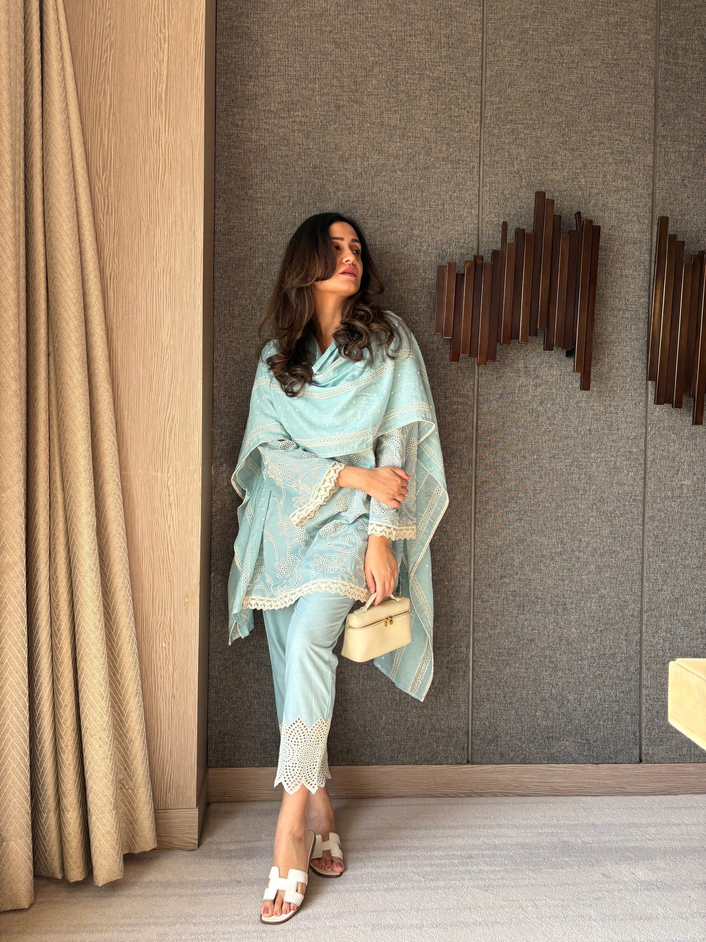 Sky Blue Embroidered Cotton Suit Set