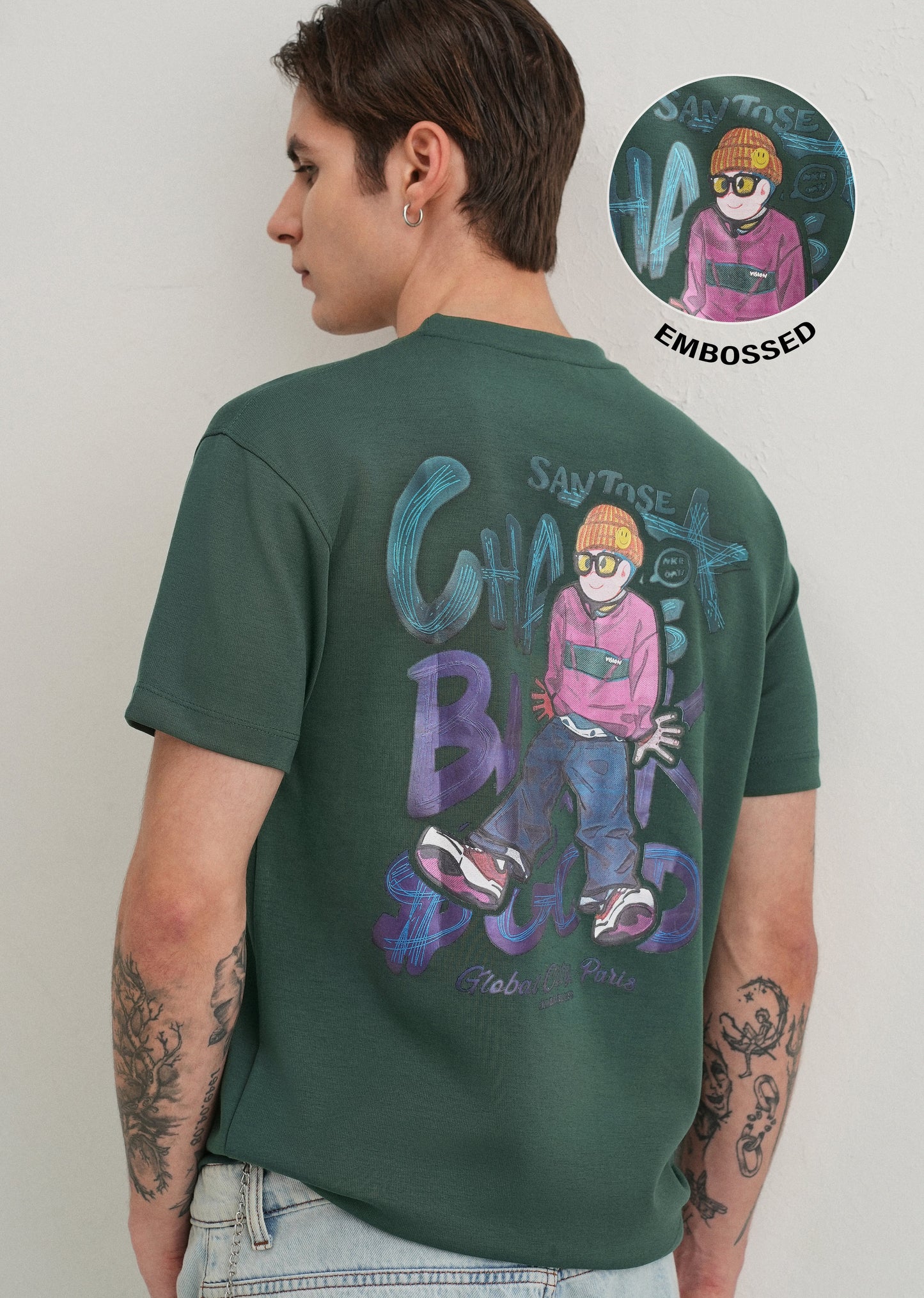 Dark Green Textured Back Print T-Shirt
