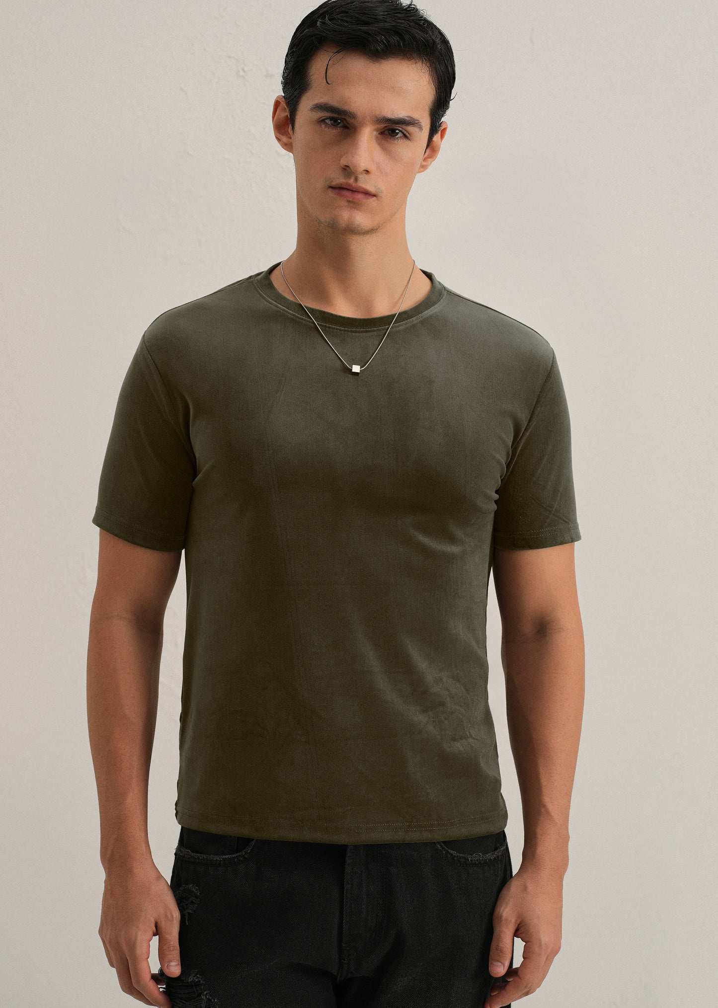 Dark Olive Plain Suede T-shirt