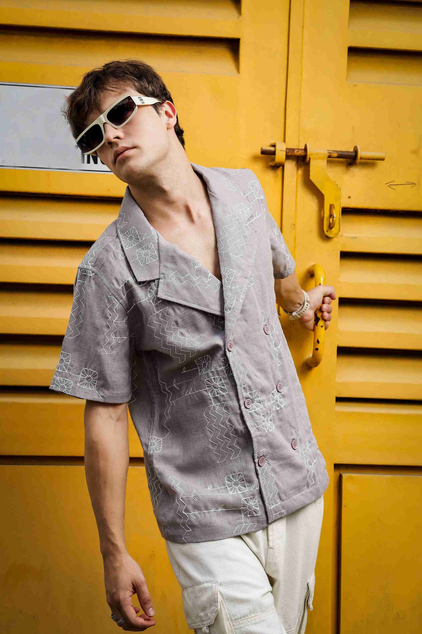 Linen Blend Grey Korean Notched Lapel Collar Resort Shirt