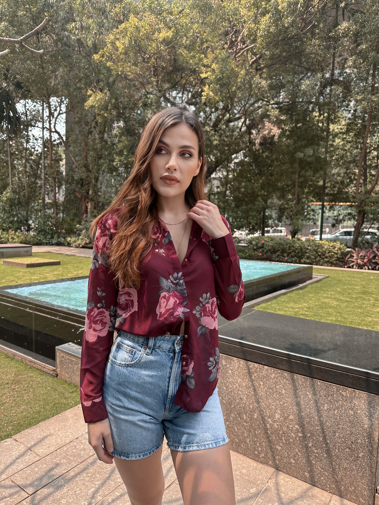 Wine Floral Print Shirt