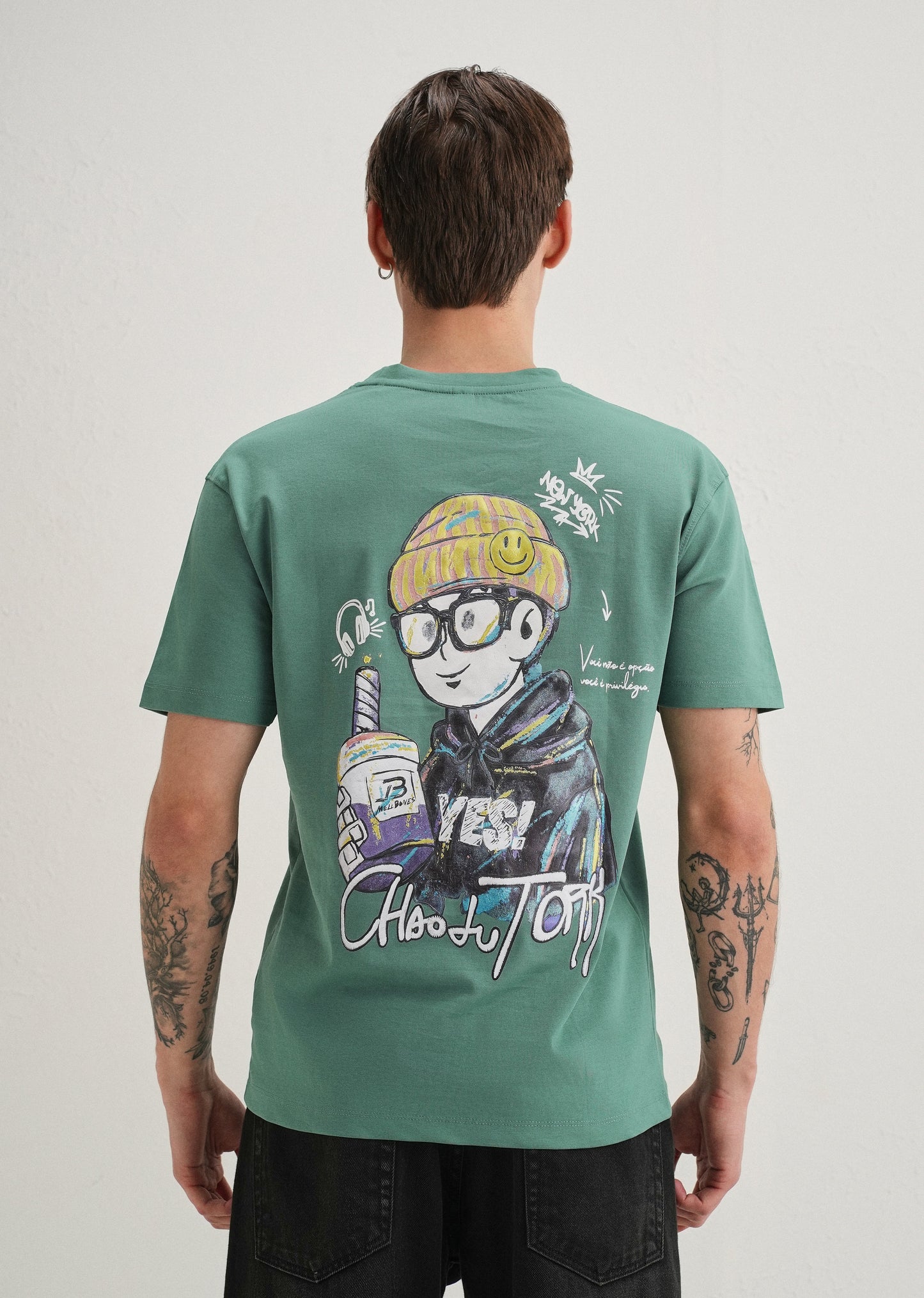 Green Textured Back Print T-Shirt