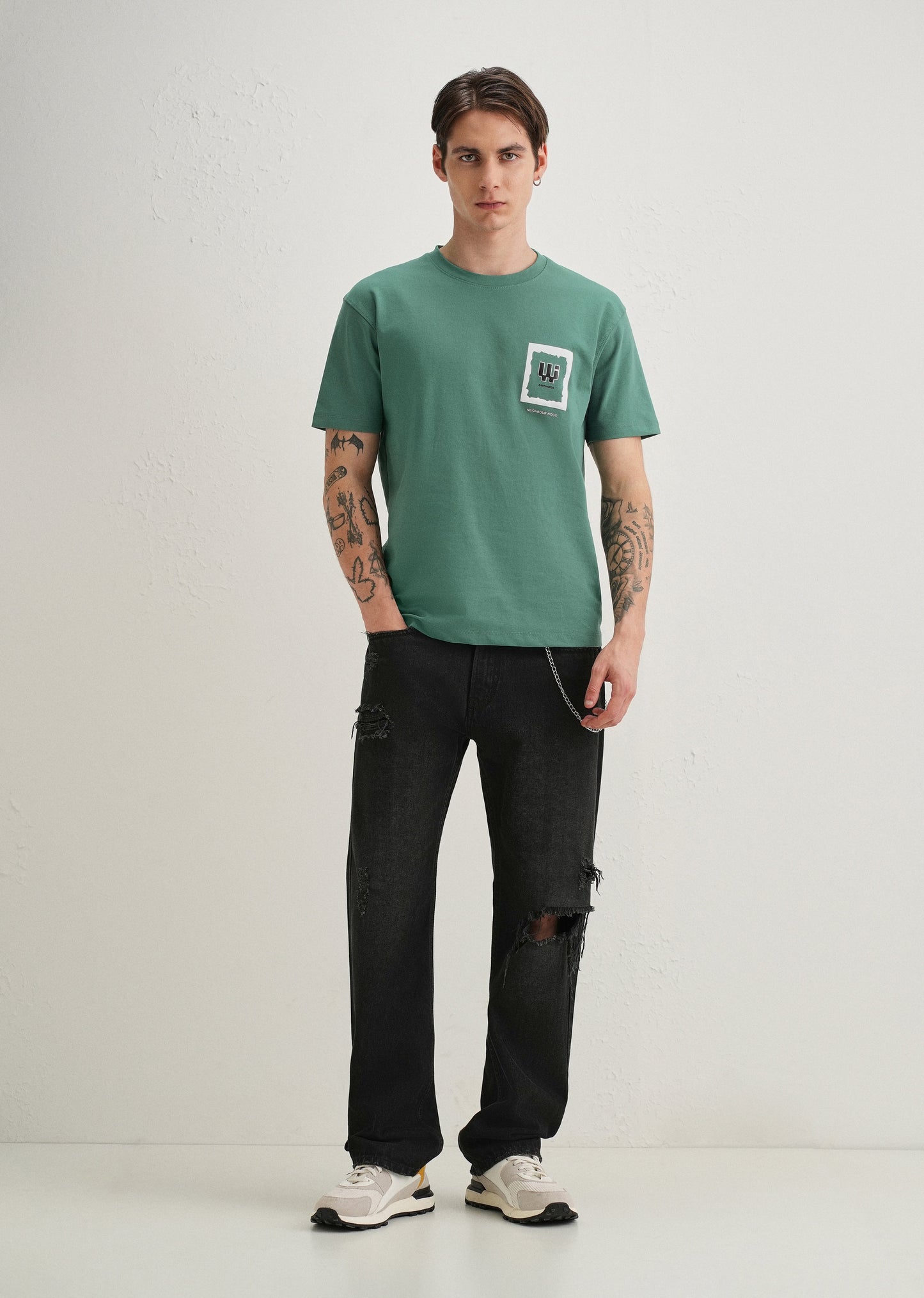Green Textured Back Print T-Shirt
