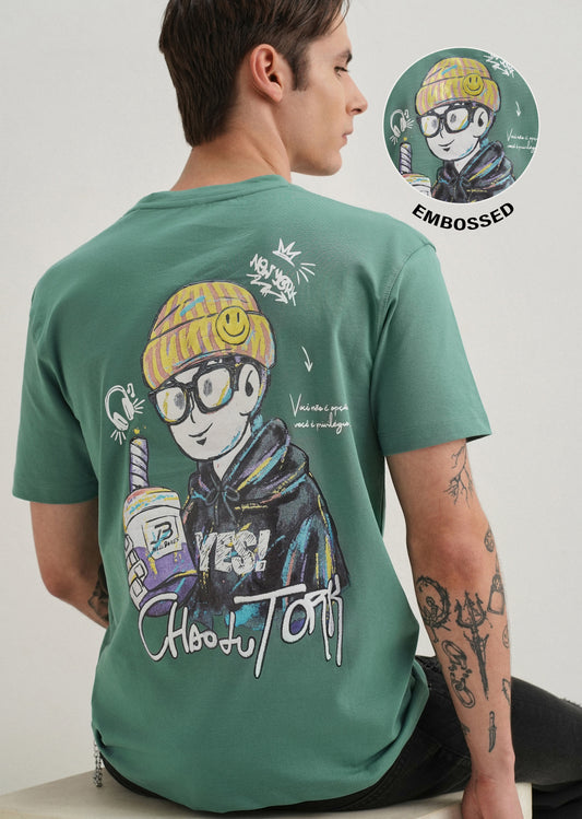 Green Textured Back Print T-Shirt