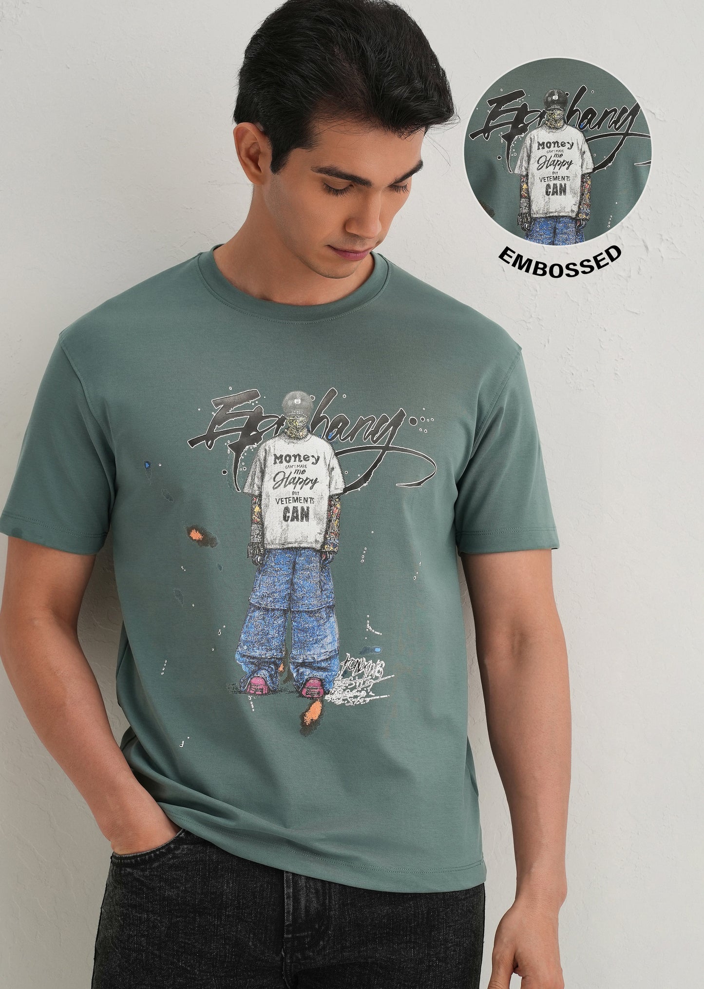Green Textured Embossed Print T-Shirt