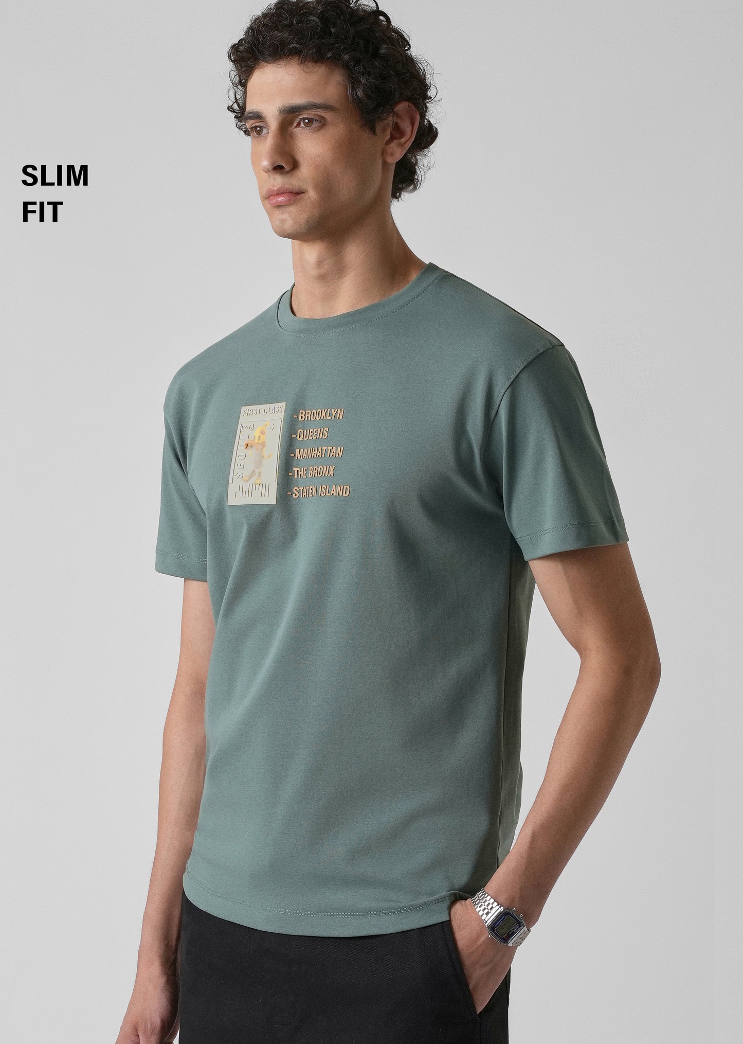 Green Embossed Printed Slim Fit T-shirt