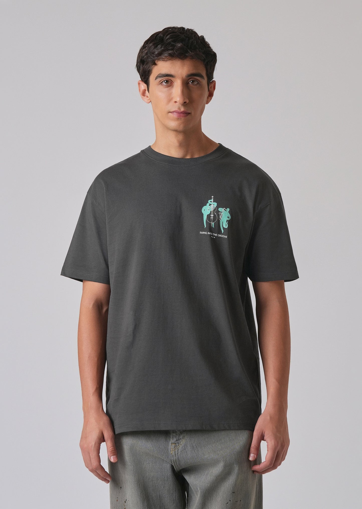 Grey Back Graphic Printed Oversized T-shirt