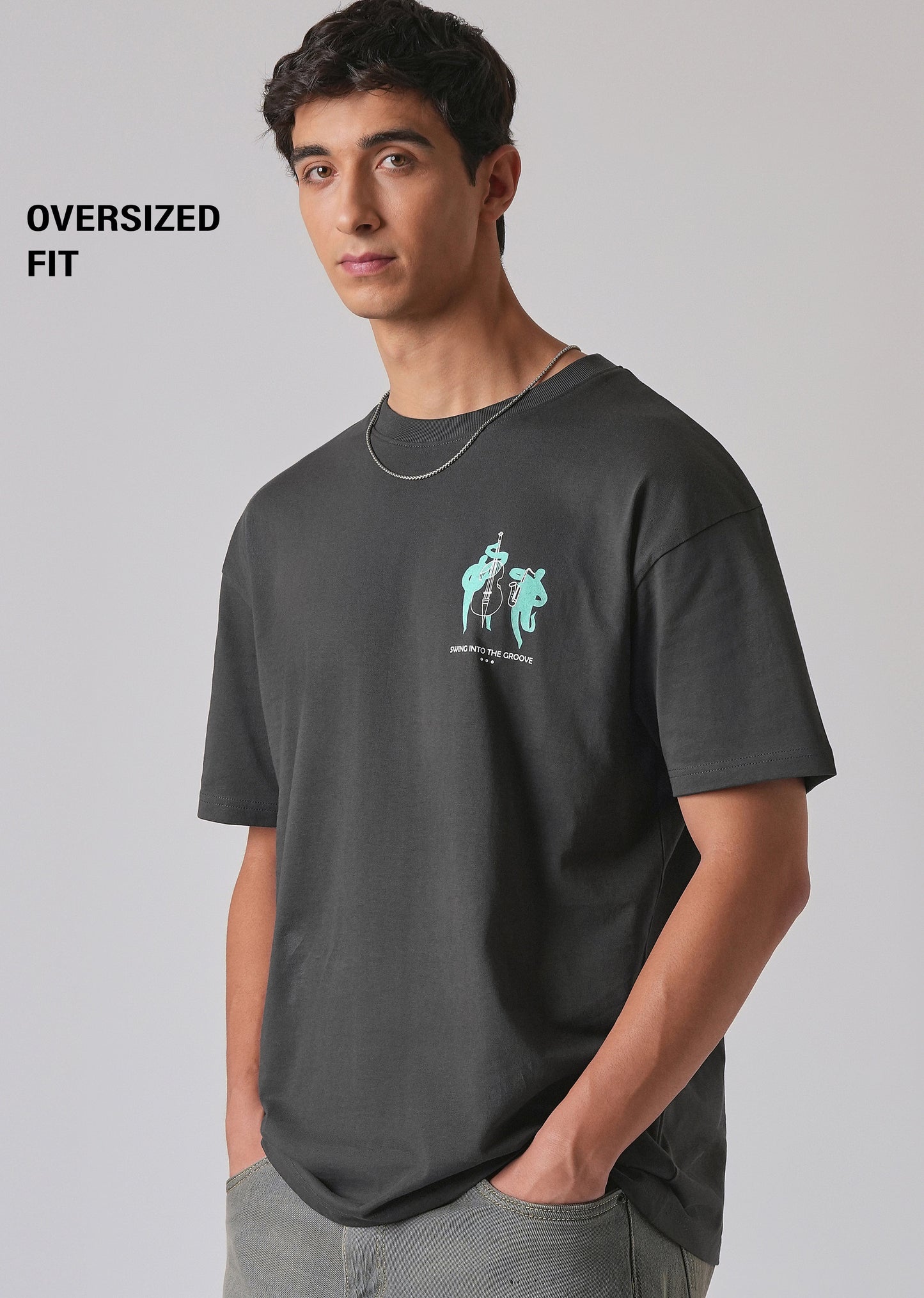 Grey Back Graphic Printed Oversized T-shirt