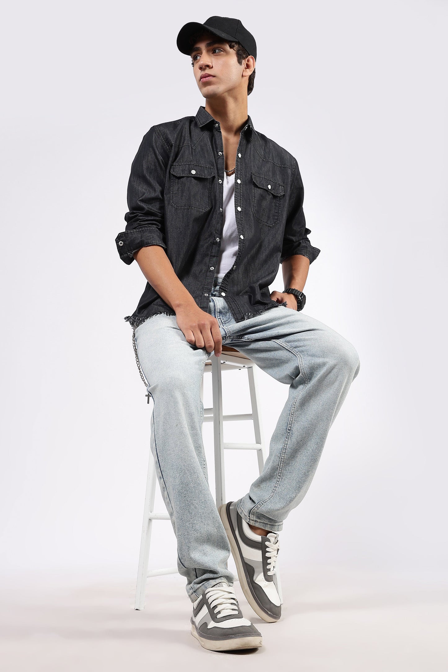 Black Raw Edge Oversized Relaxed Fit Full Sleeve Spread Collar Premium Denim Shirt