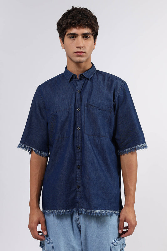 Navy Denim Raw Edge Oversized Box-Fit Spread Collar Half Sleeve Shirt