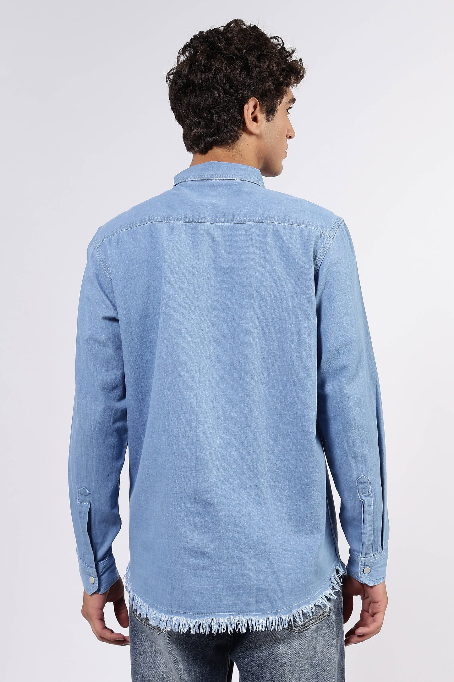 Blue Denim Raw Edge Oversized Relaxed Fit Spread Collar Premium Shirt