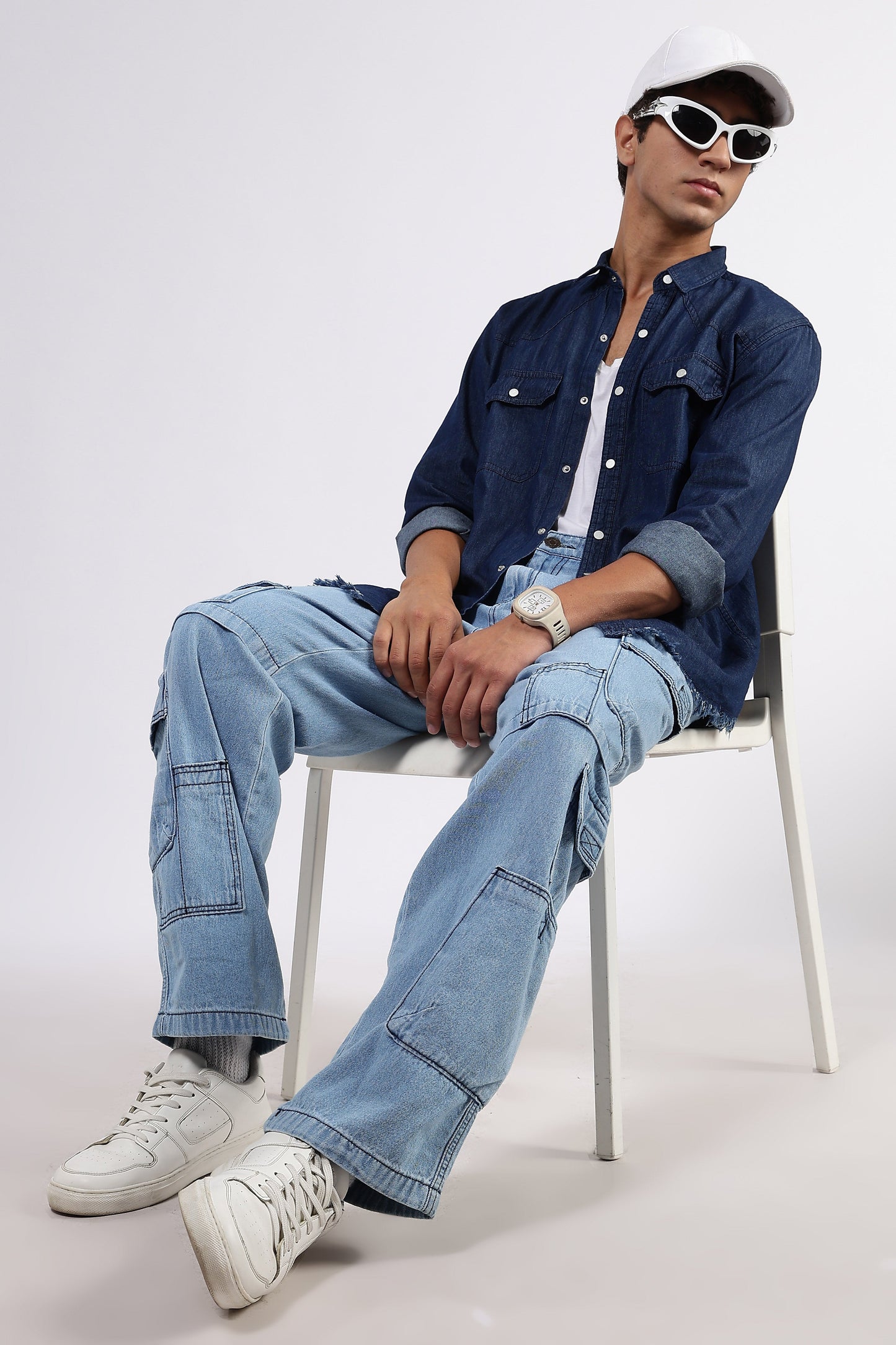 Navy Blue Raw Edge Oversized Relaxed Fit Spread Collar Premium Denim Full Sleeve Shirt
