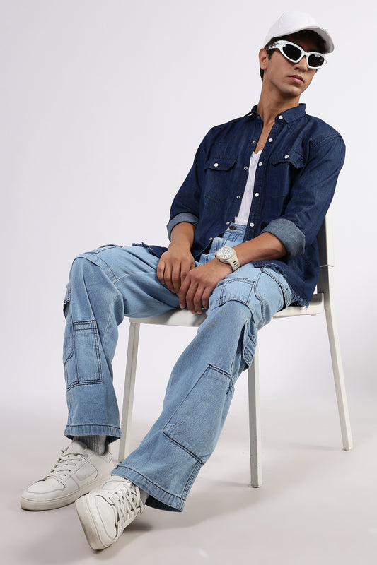 Navy Blue Raw Edge Oversized Relaxed Fit Spread Collar Premium Denim Full Sleeve Shirt